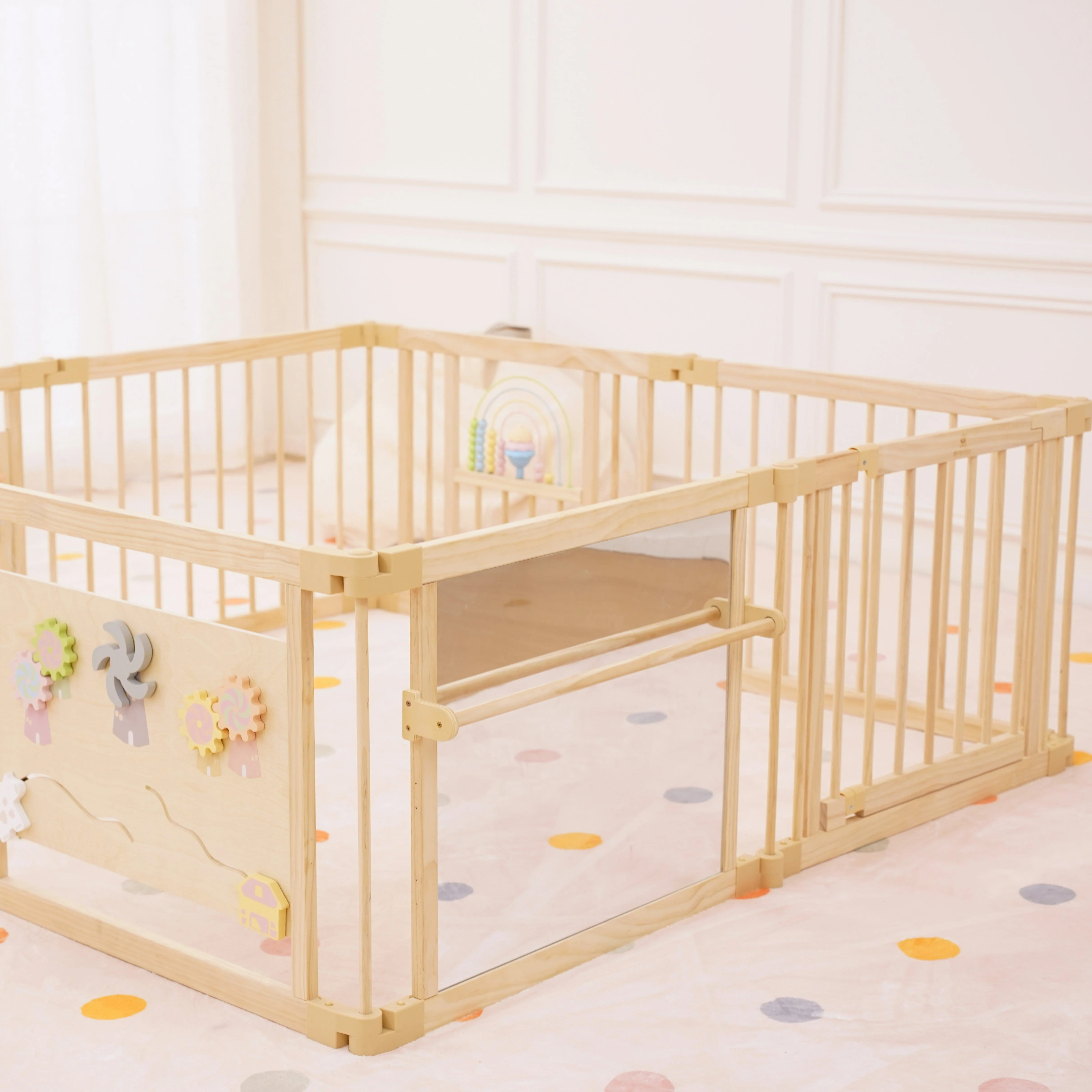 Wooden Baby Playpen with Mirror & Whiteboard Panel – Foldable 63" x 63" Montessori Sensory Play Yard - Image 2