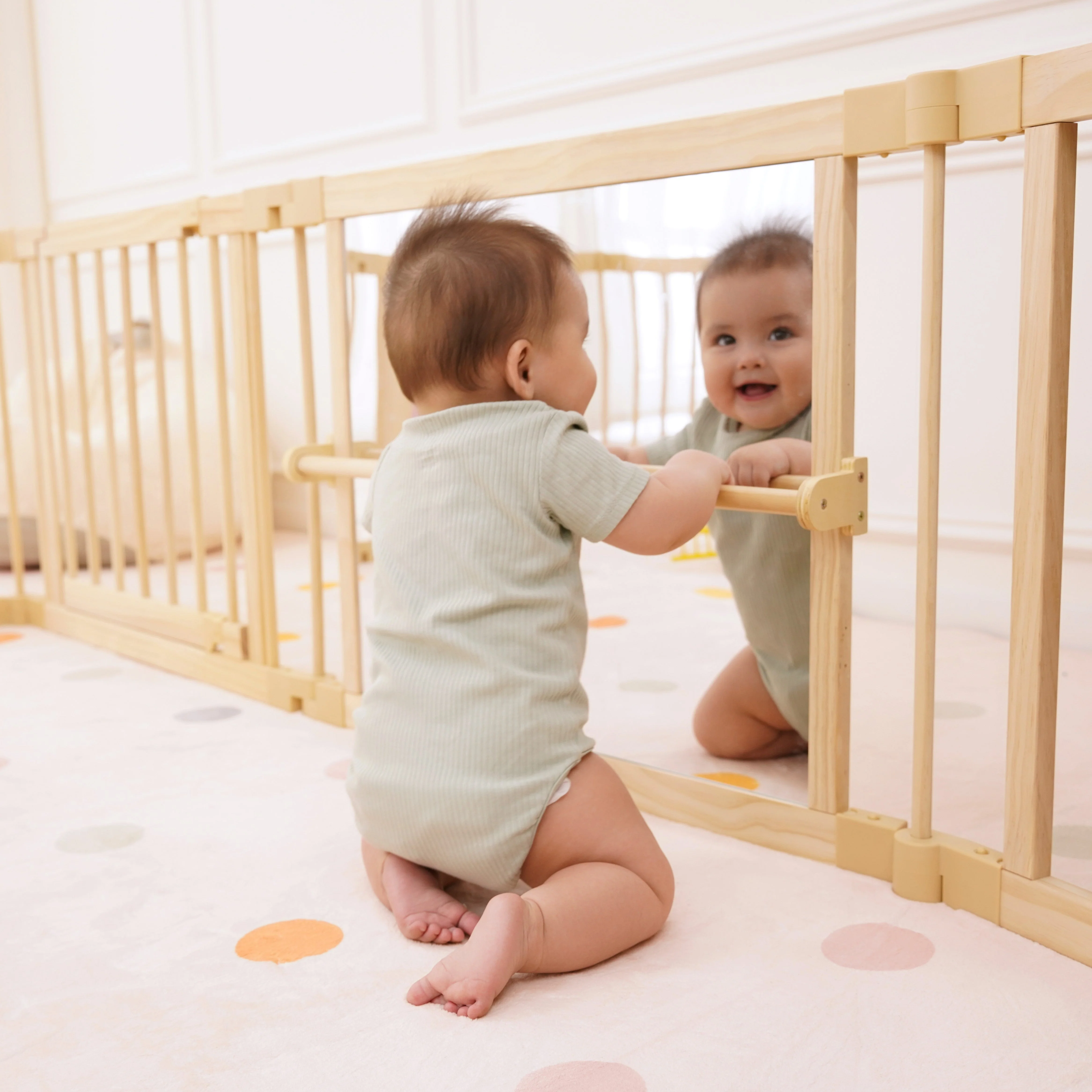Wooden Baby Playpen with Mirror & Whiteboard Panel – Foldable 63" x 63" Montessori Sensory Play Yard - Image 4