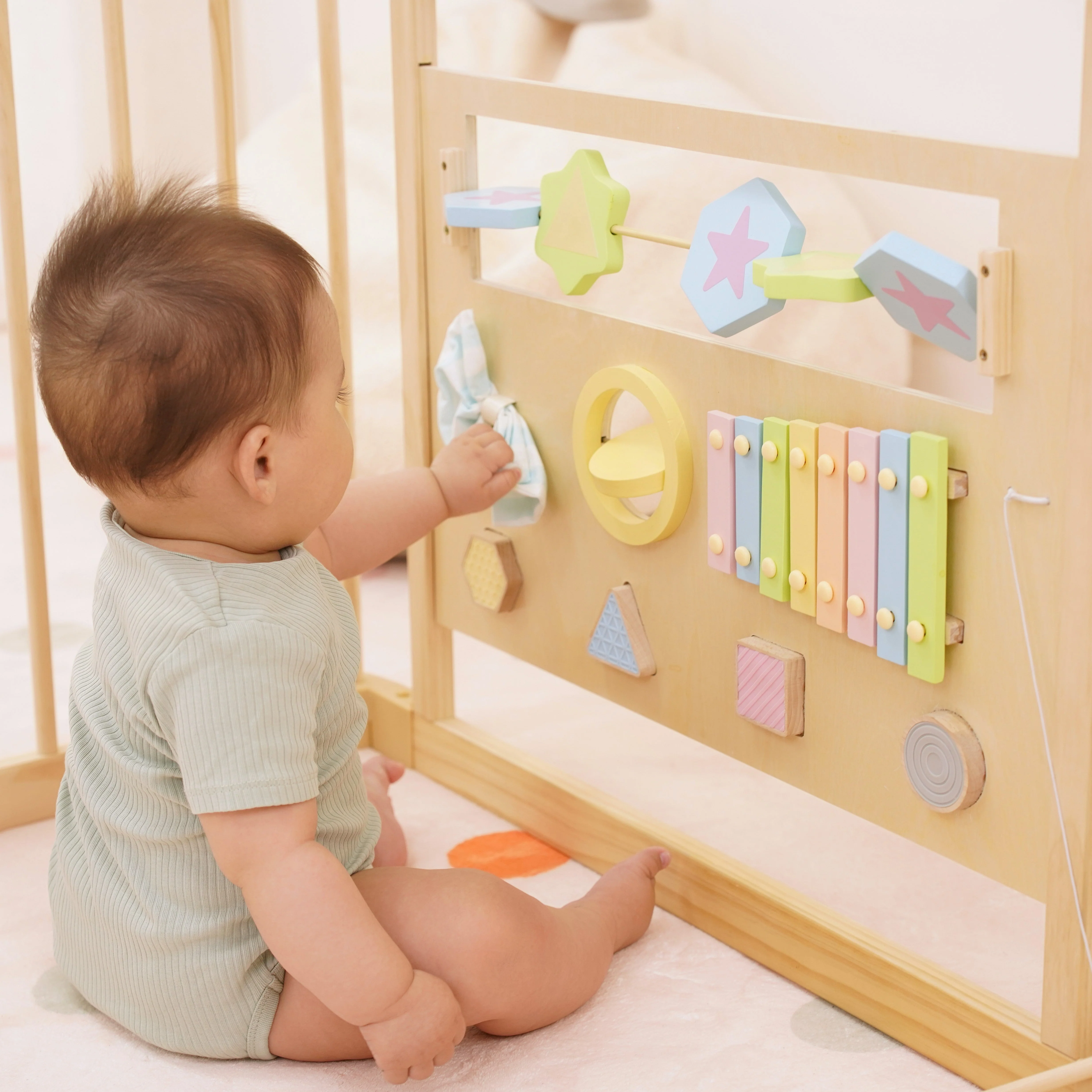 Wooden Baby Playpen with Mirror & Whiteboard Panel – Foldable 63" x 63" Montessori Sensory Play Yard - Image 9