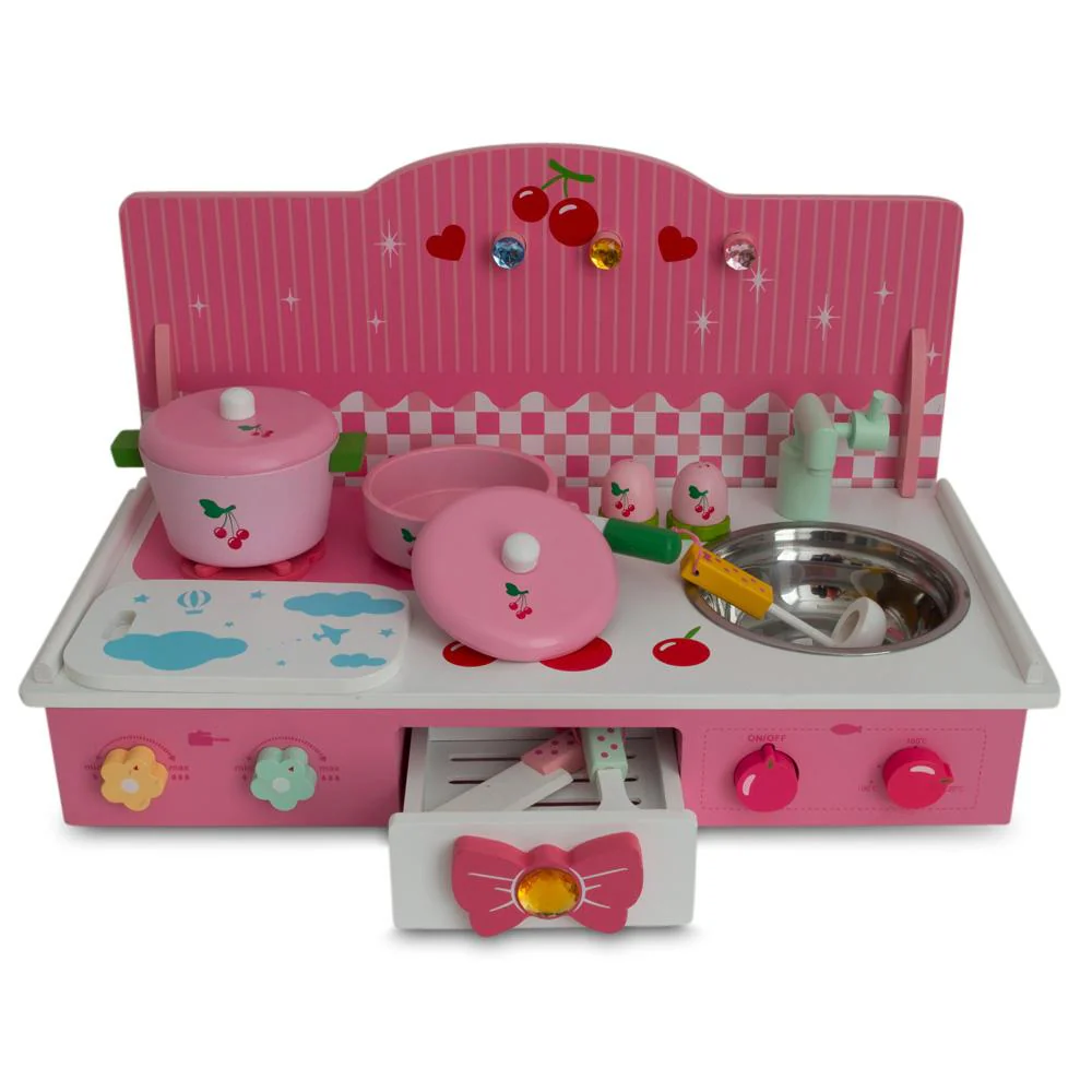 Wooden Pink Toy Kitchen Play Set 22 Inches - Image 3