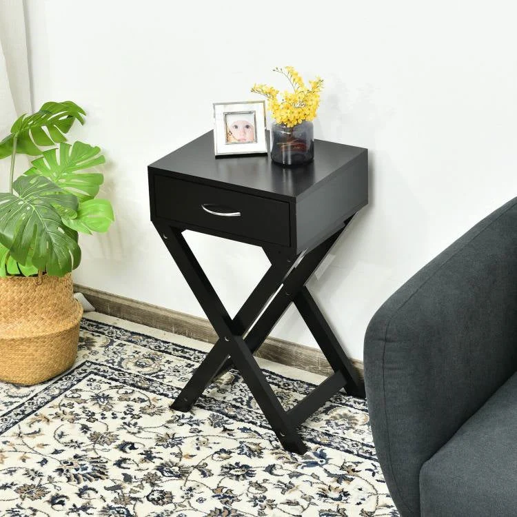 X-Shape 1 Drawer Nightstand End Side Table Storage in Black - Image 2