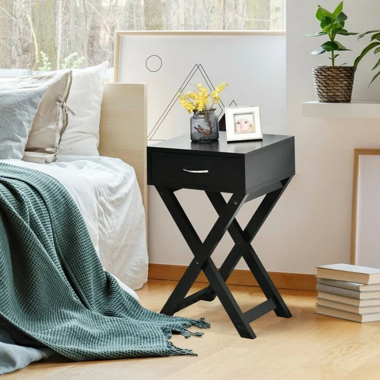 X-Shape 1 Drawer Nightstand End Side Table Storage in Black - Image 3