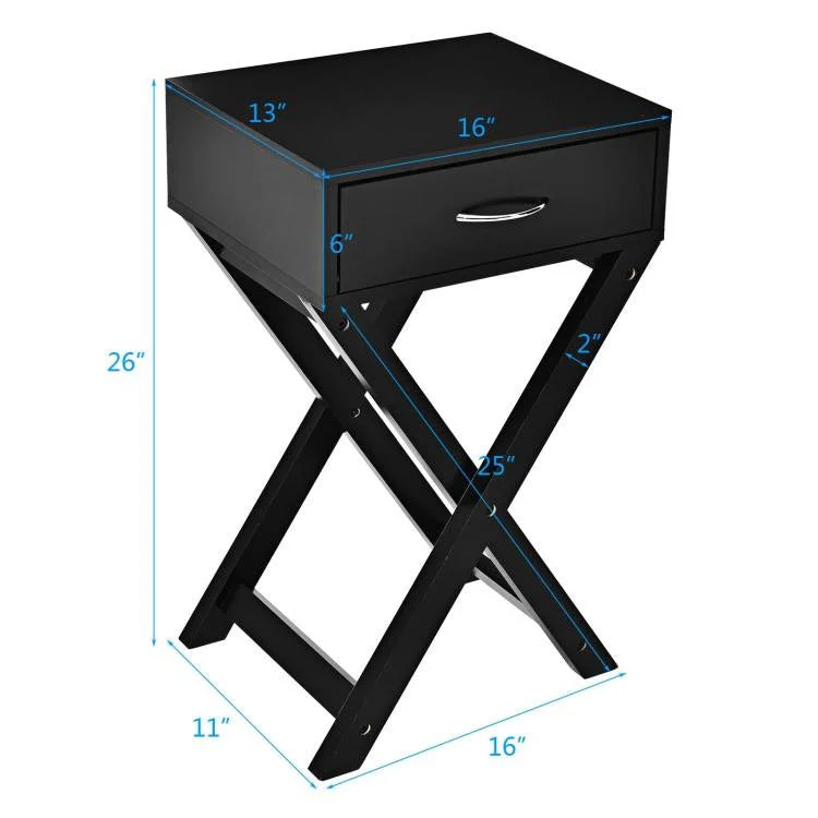X-Shape 1 Drawer Nightstand End Side Table Storage in Black - Image 4