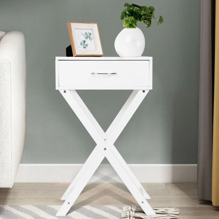 X-Shape 1 Drawer Nightstand End Side Table Storage in White - Image 2