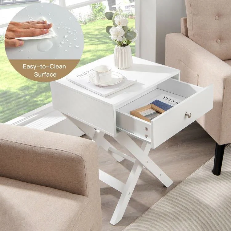 X-Shape 1 Drawer Nightstand End/Side Table Storage in White - Image 2