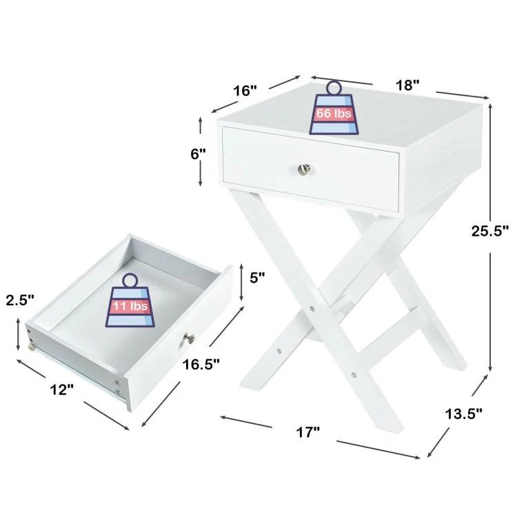 X-Shape 1 Drawer Nightstand End/Side Table Storage in White - Image 4