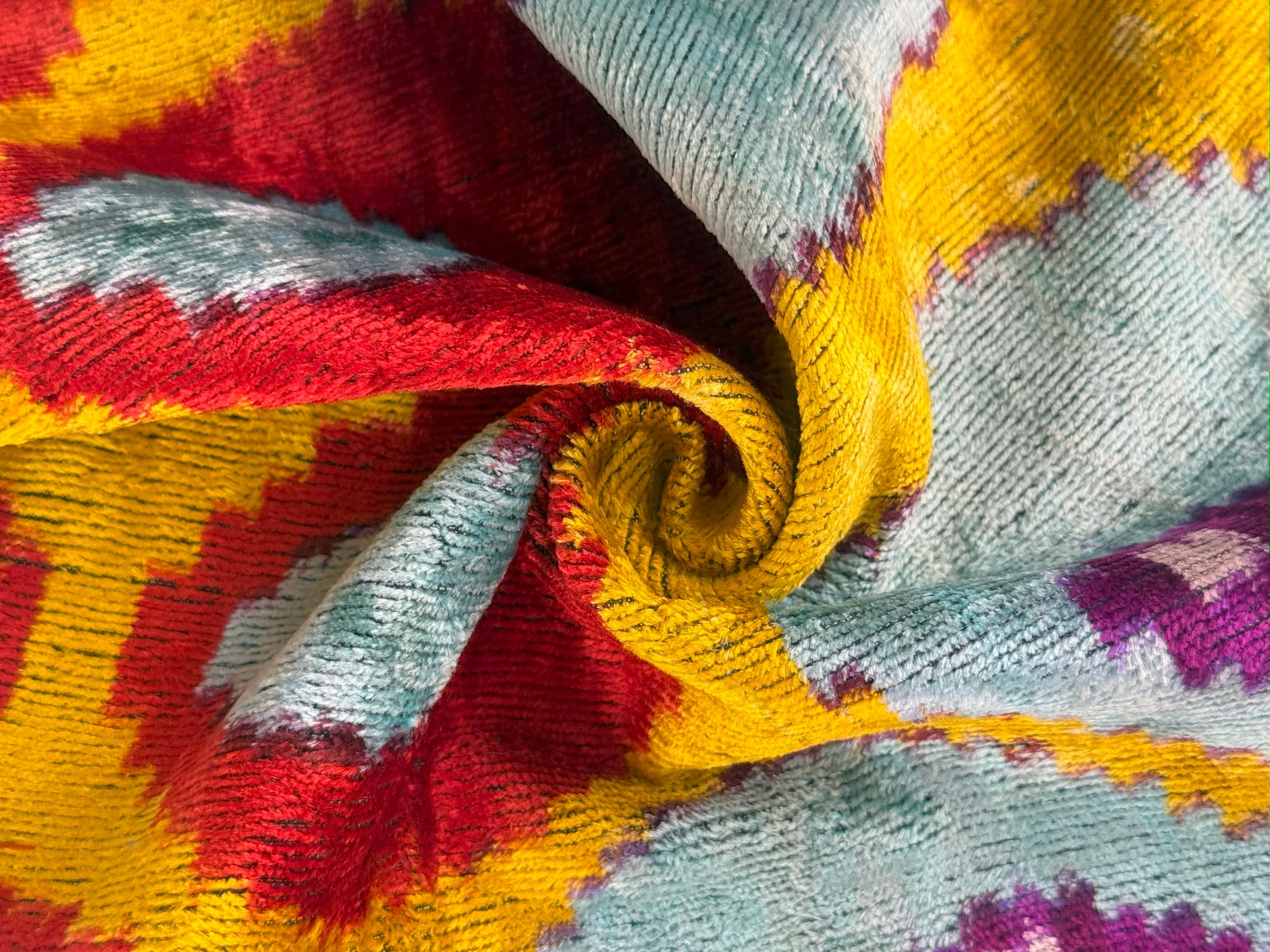 Yellow & Blue Ikat Silk Velvet Pillow – 16x16” | Handmade Luxe - Image 2