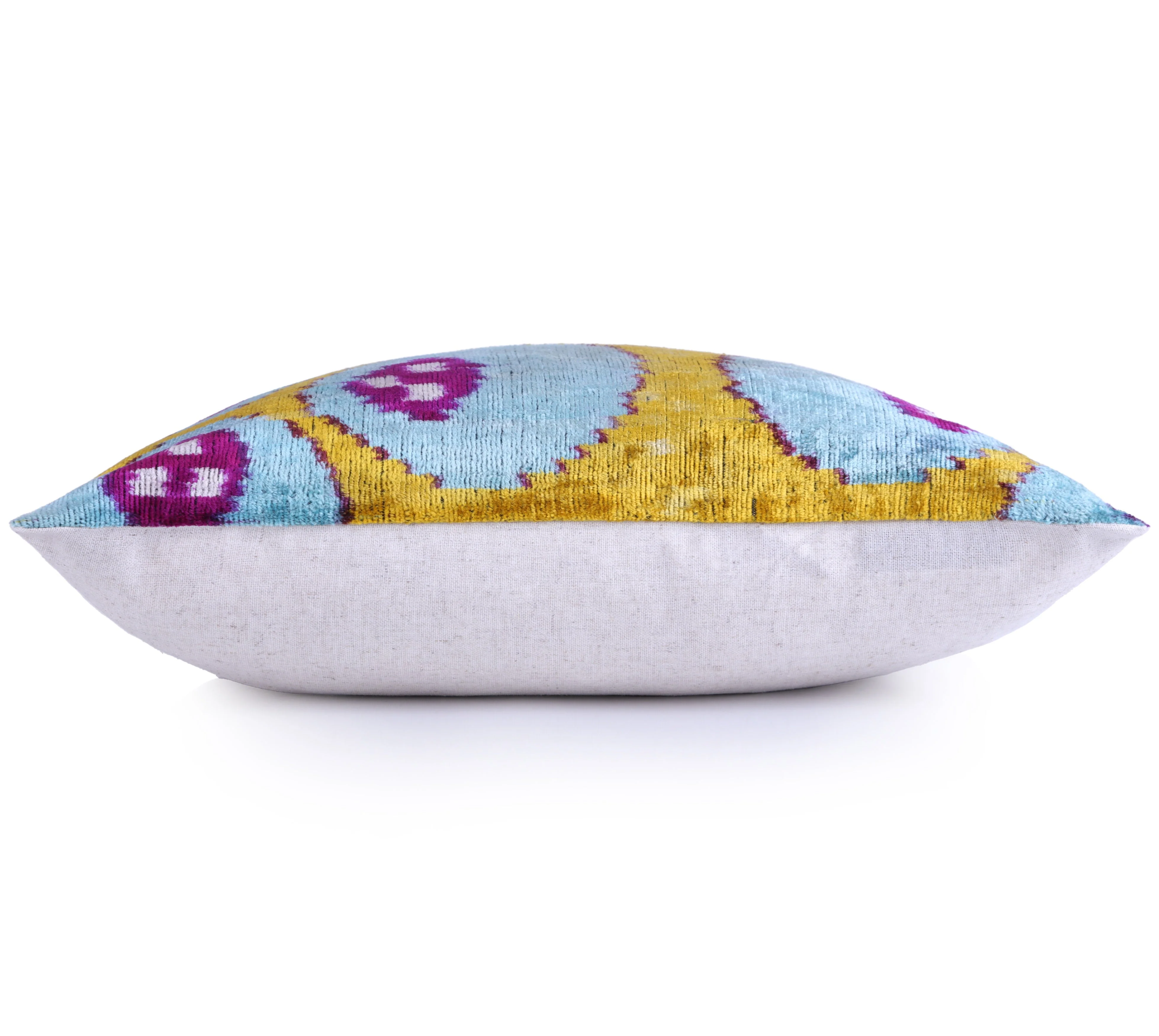 Yellow & Blue Ikat Silk Velvet Pillow – 16x16” | Handmade Luxe - Image 3