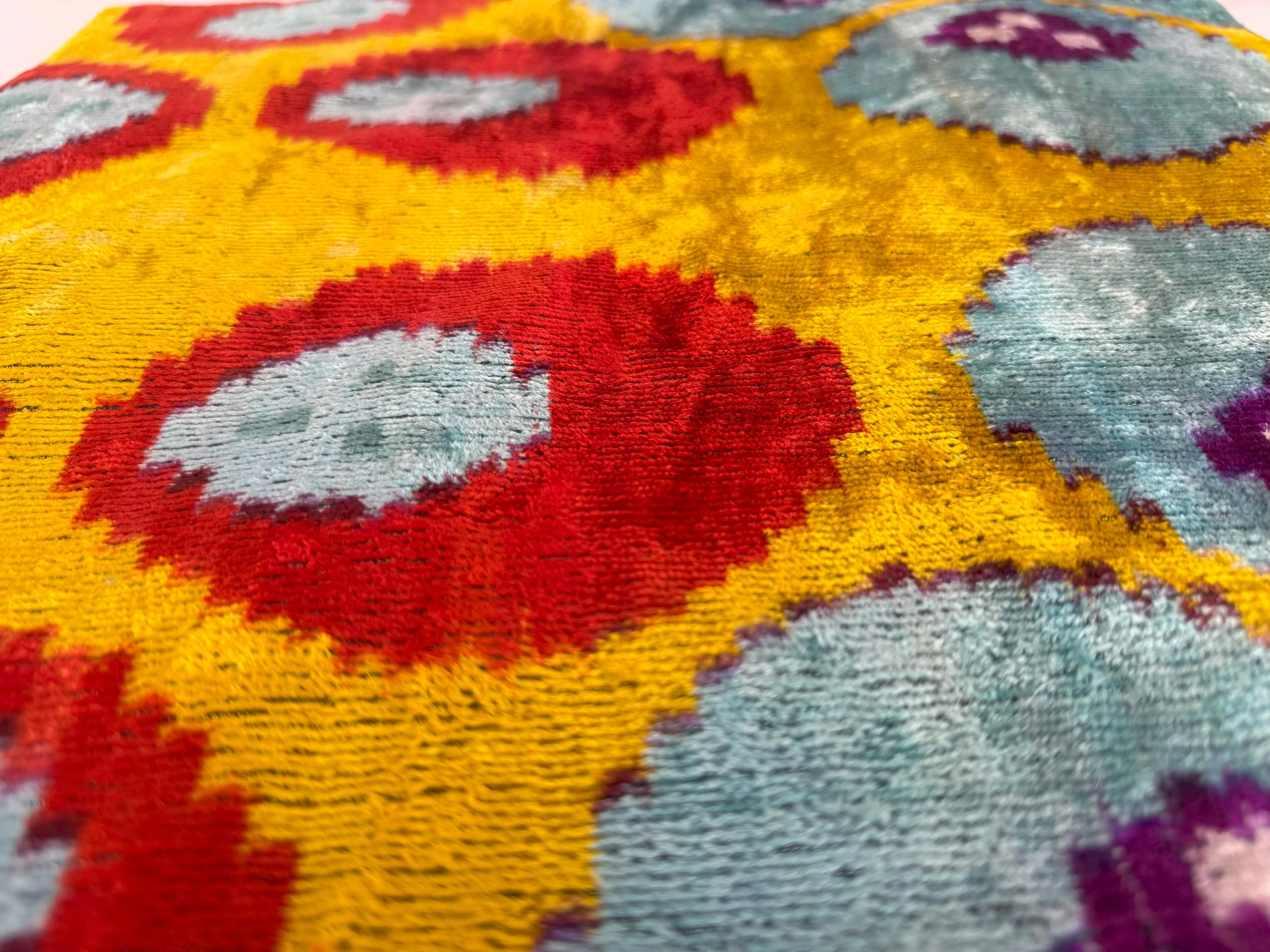 Yellow & Blue Ikat Silk Velvet Pillow – 16x16” | Handmade Luxe - Image 4