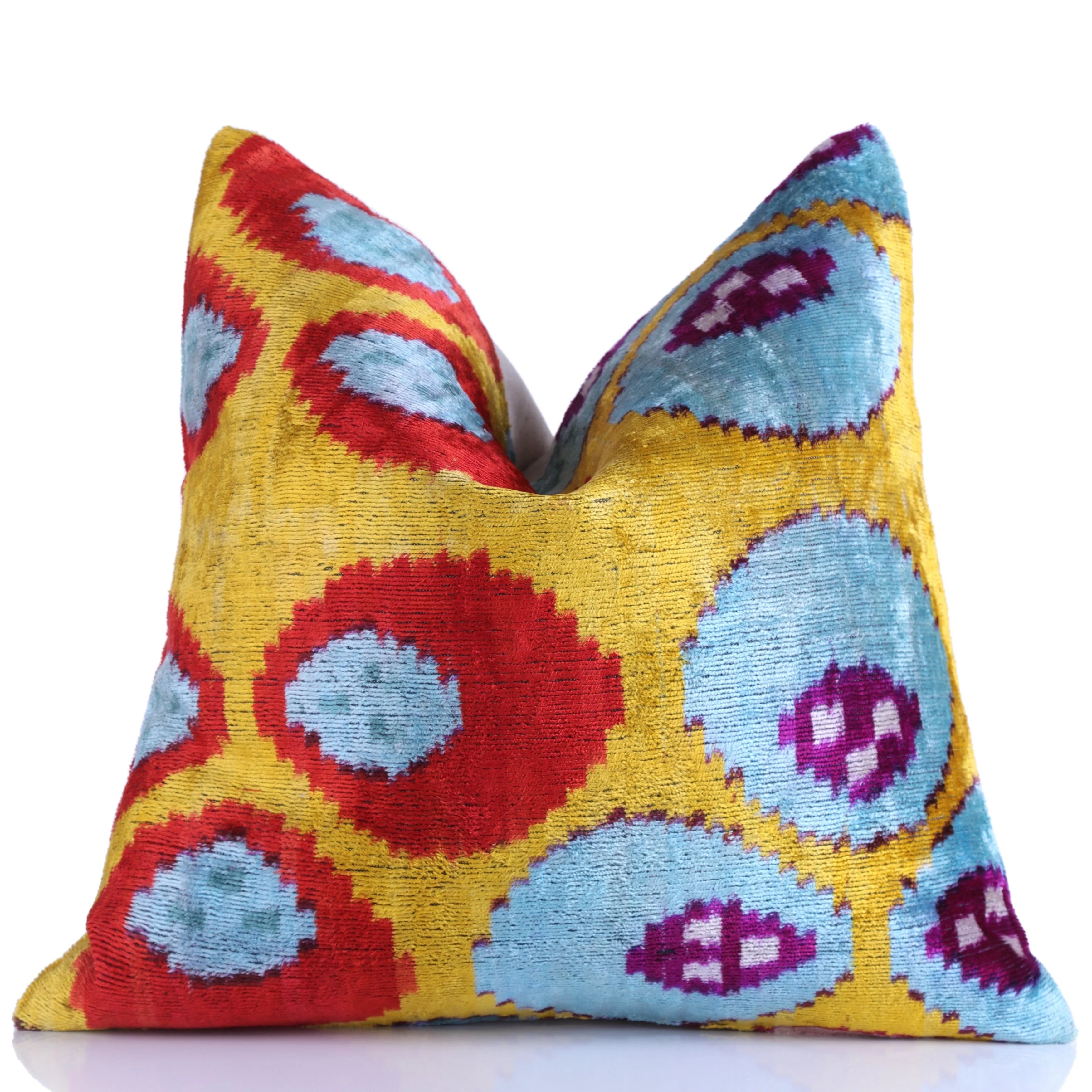 Yellow & Blue Ikat Silk Velvet Pillow – 16x16” | Handmade Luxe - Image 5