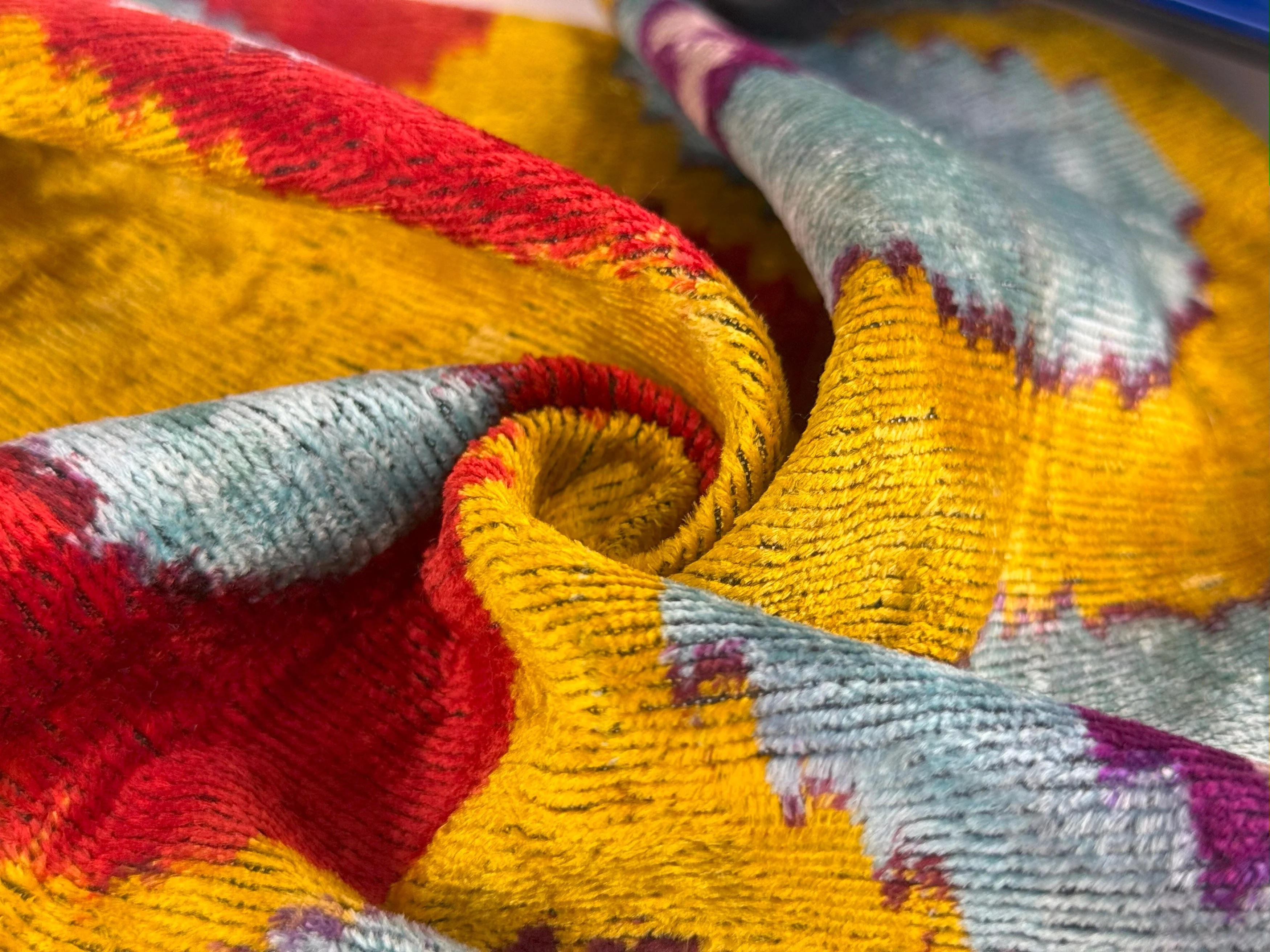 Yellow & Blue Ikat Silk Velvet Pillow – 16x16” | Handmade Luxe - Image 7