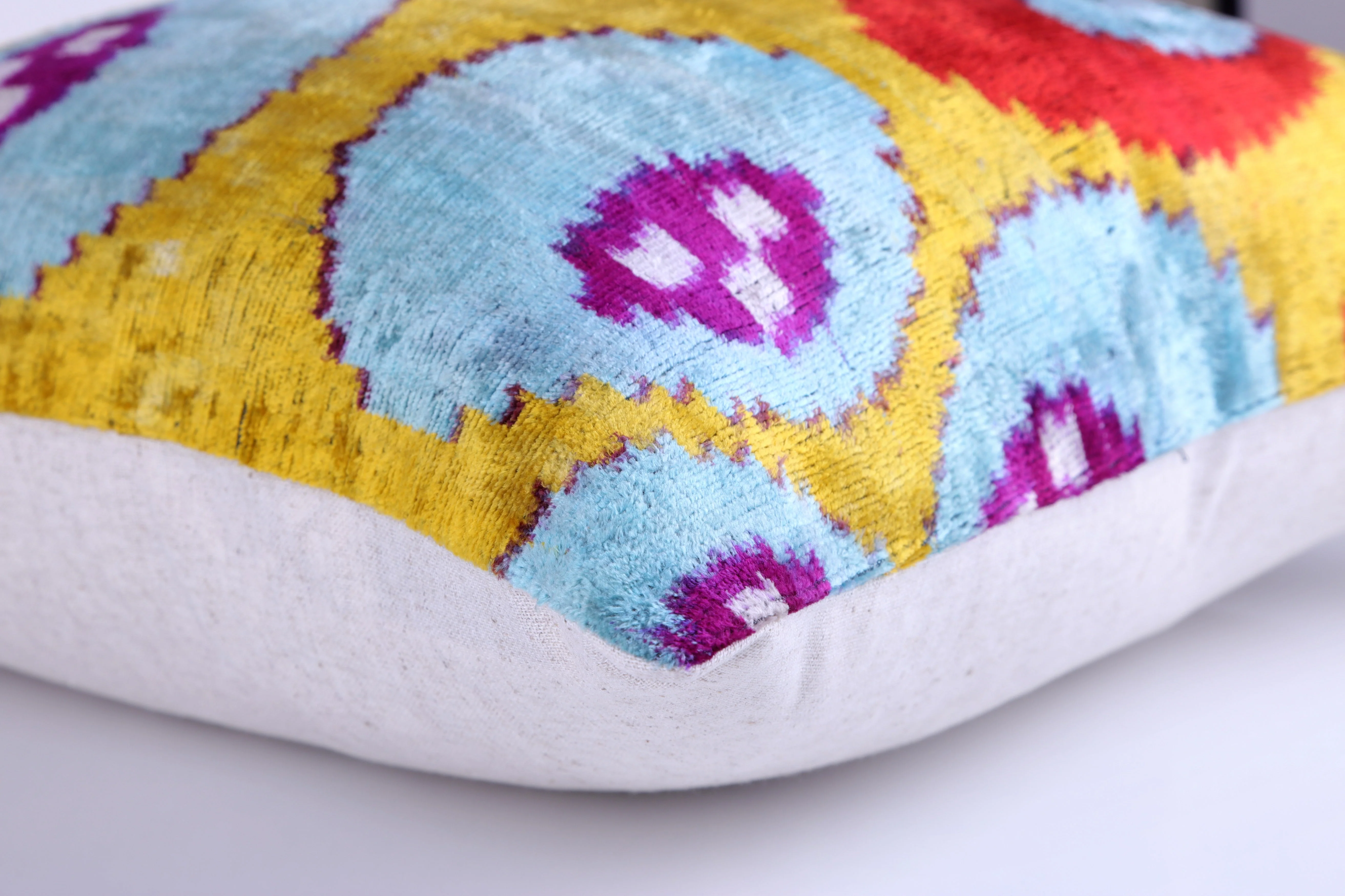 Yellow & Blue Ikat Silk Velvet Pillow – 16x16” | Handmade Luxe - Image 8