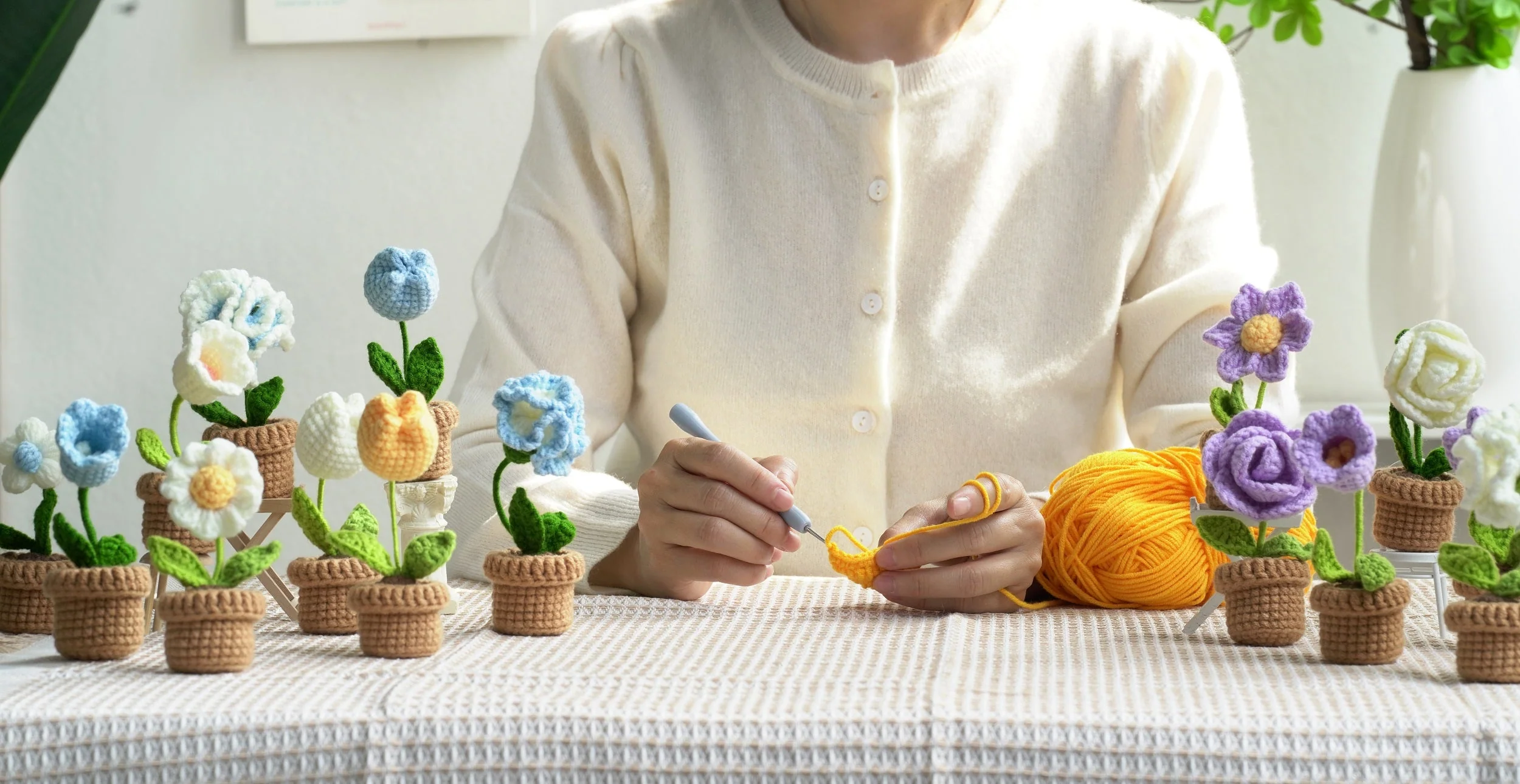 Yellow Flowers. Potted Flower Amigurumi DIY Crochet Kit Wizardi F07N8-M19 - Image 3