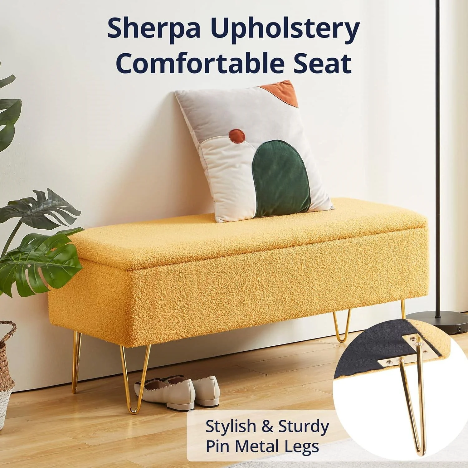 Yellow Sherpa Fabric Upholstered End of Bed Storage Bench with Gold Finish Legs - Image 2