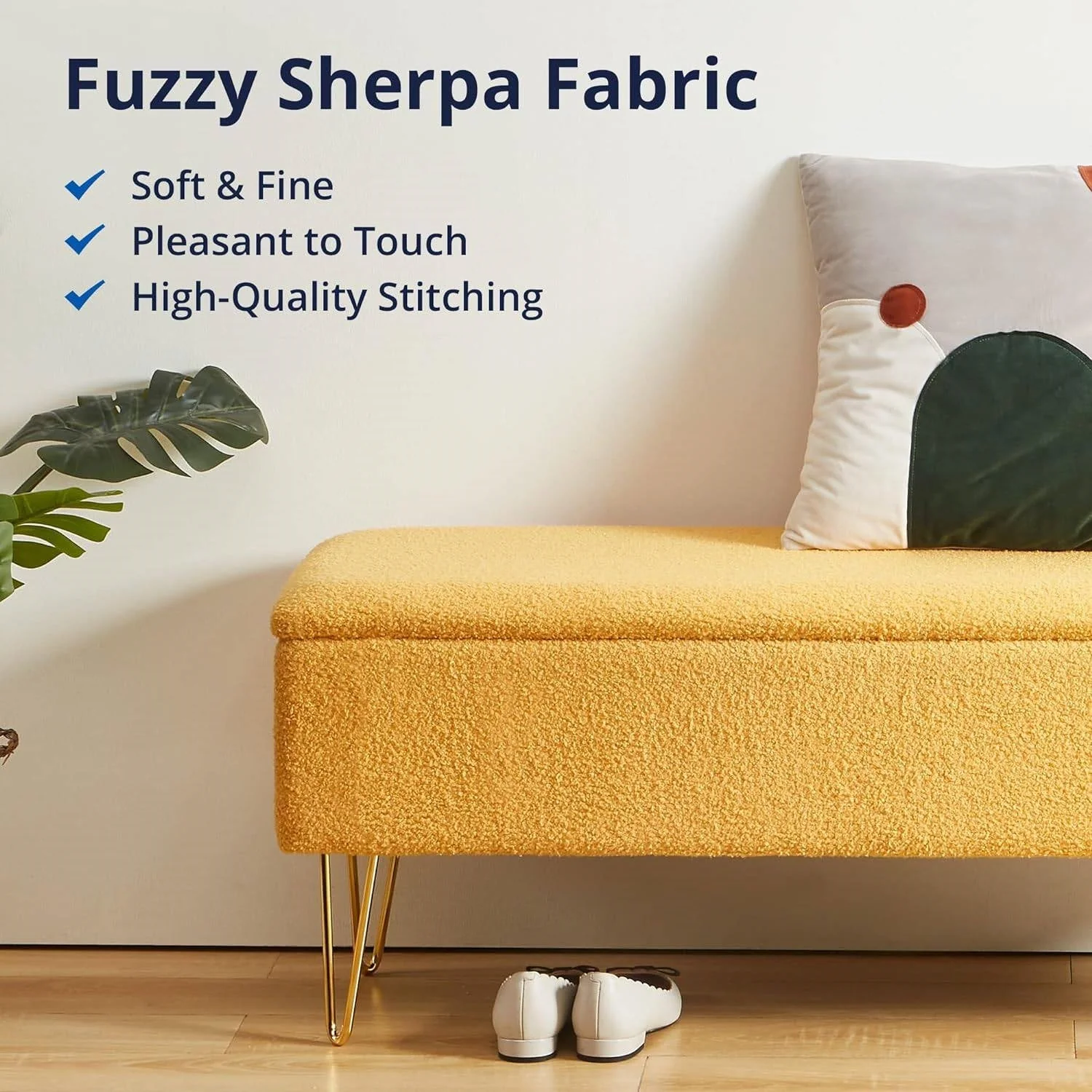 Yellow Sherpa Fabric Upholstered End of Bed Storage Bench with Gold Finish Legs - Image 3
