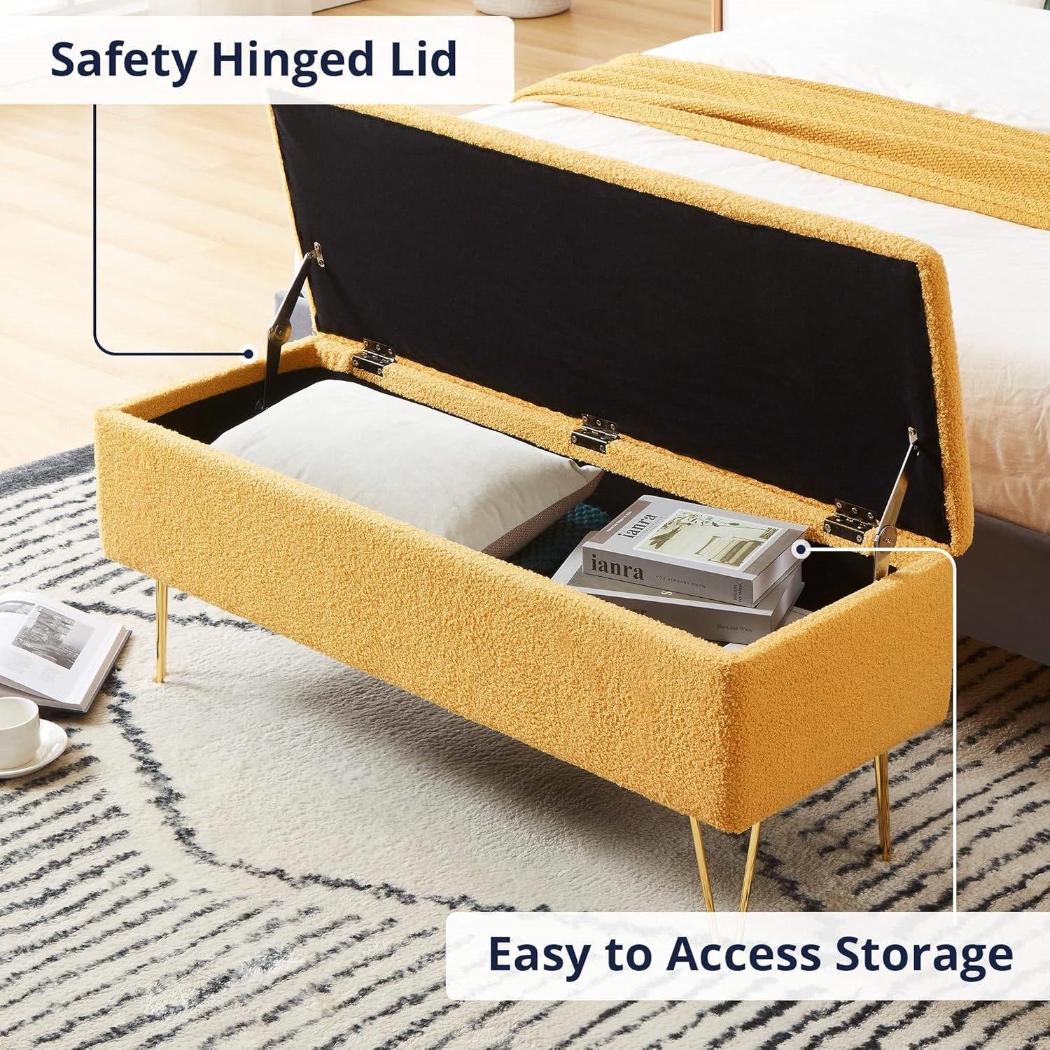 Yellow Sherpa Fabric Upholstered End of Bed Storage Bench with Gold Finish Legs - Image 4
