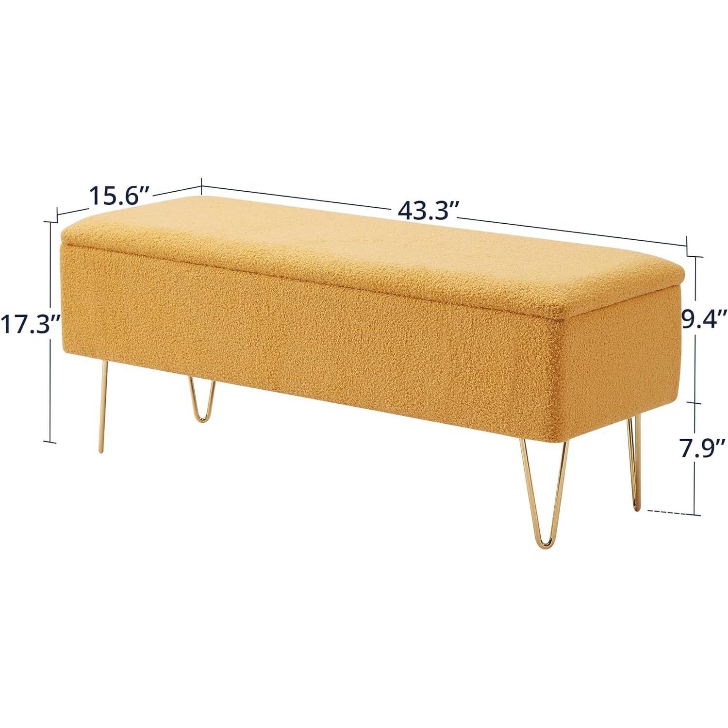 Yellow Sherpa Fabric Upholstered End of Bed Storage Bench with Gold Finish Legs - Image 5