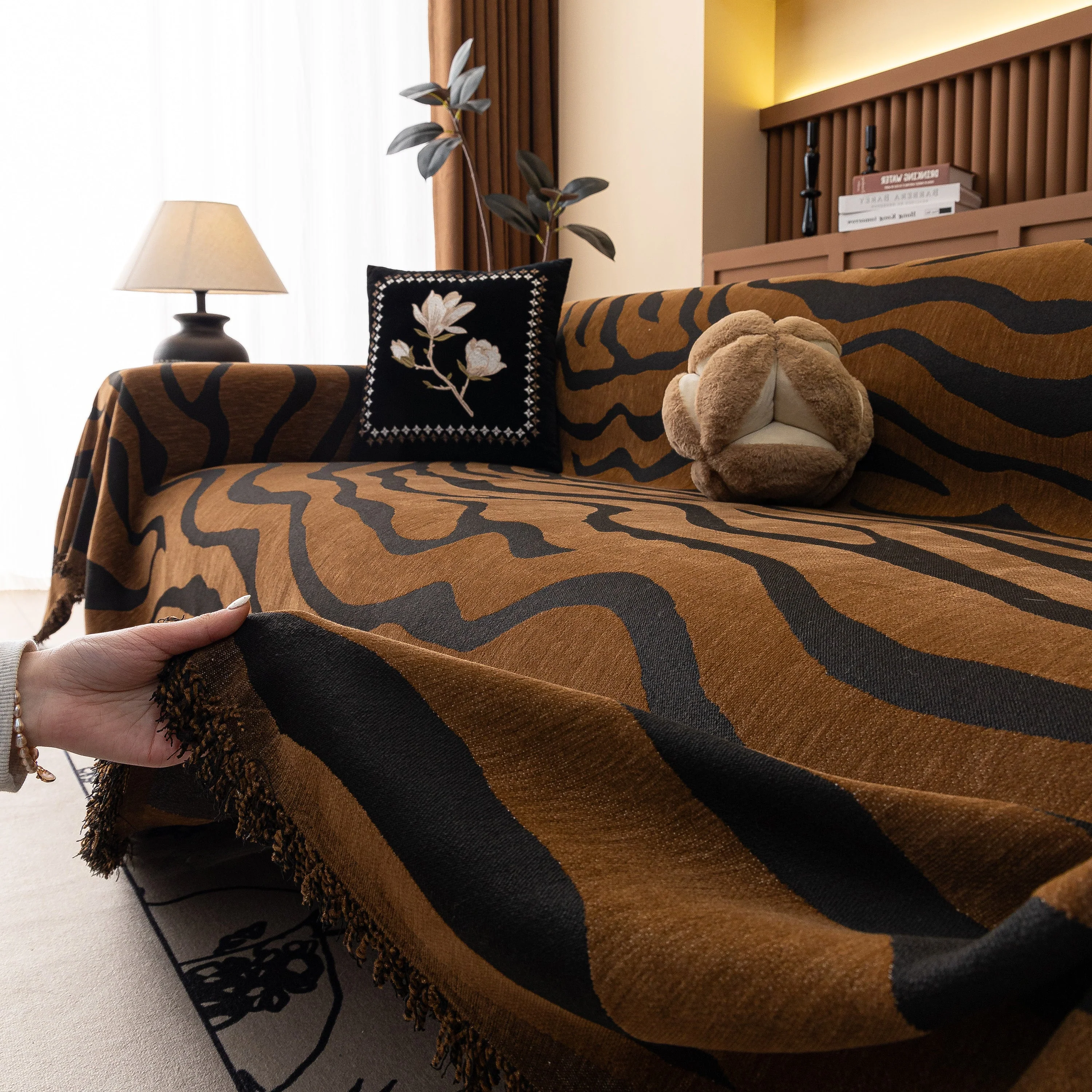 Zebra Striped Chenille Throw Sofa Cover Full-Cover Decorative Furniture Slipcover - Image 100