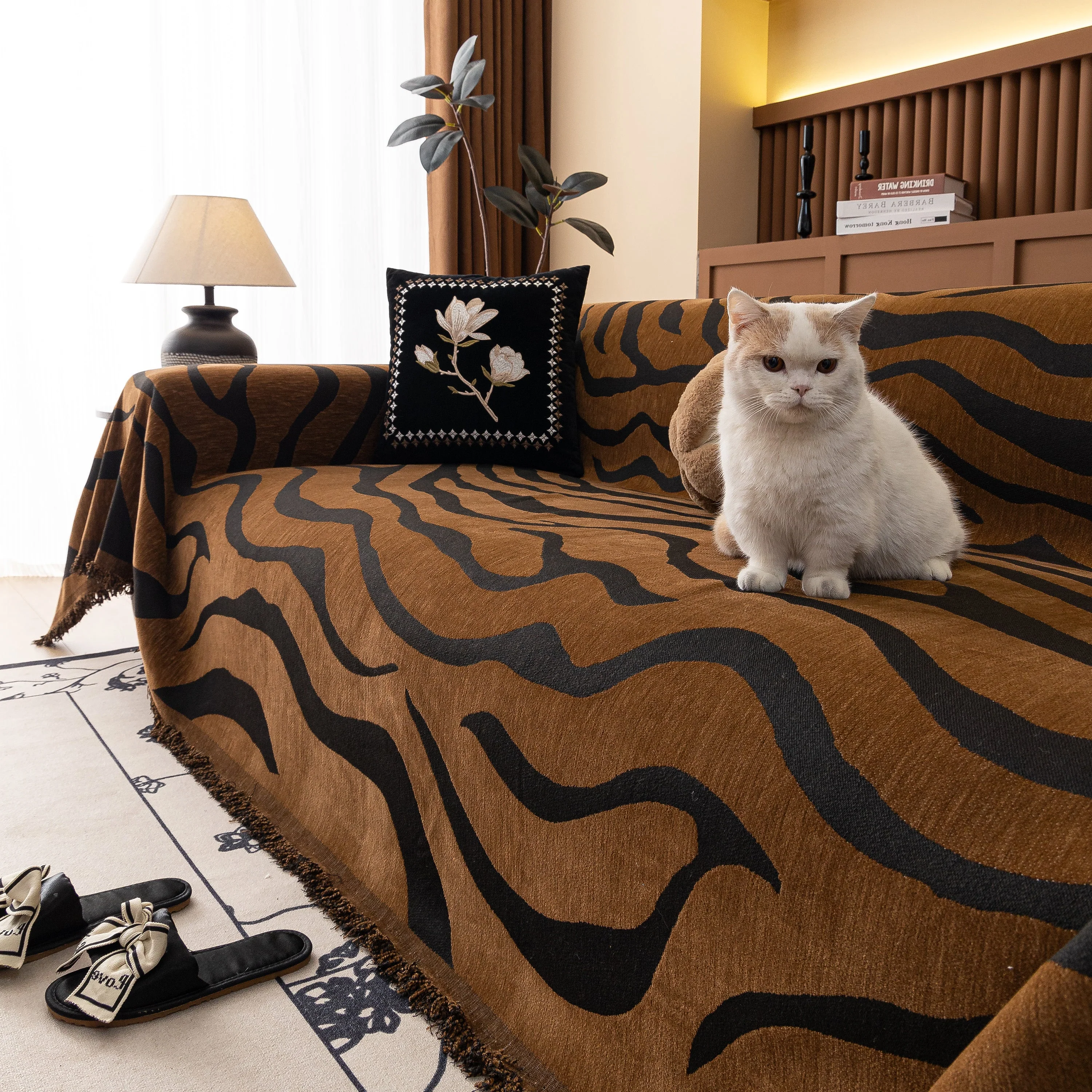 Zebra Striped Chenille Throw Sofa Cover Full-Cover Decorative Furniture Slipcover - Image 103