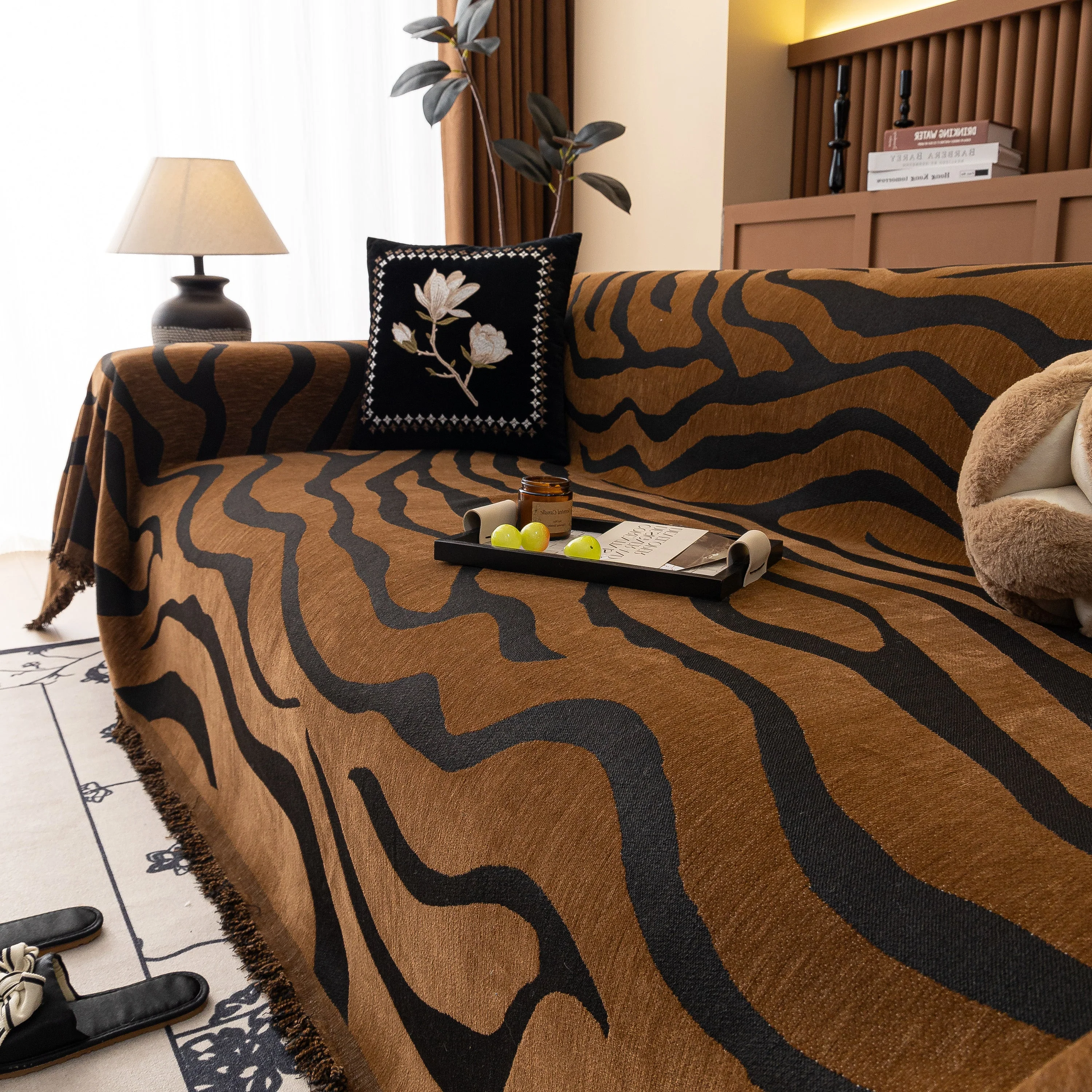 Zebra Striped Chenille Throw Sofa Cover Full-Cover Decorative Furniture Slipcover - Image 110