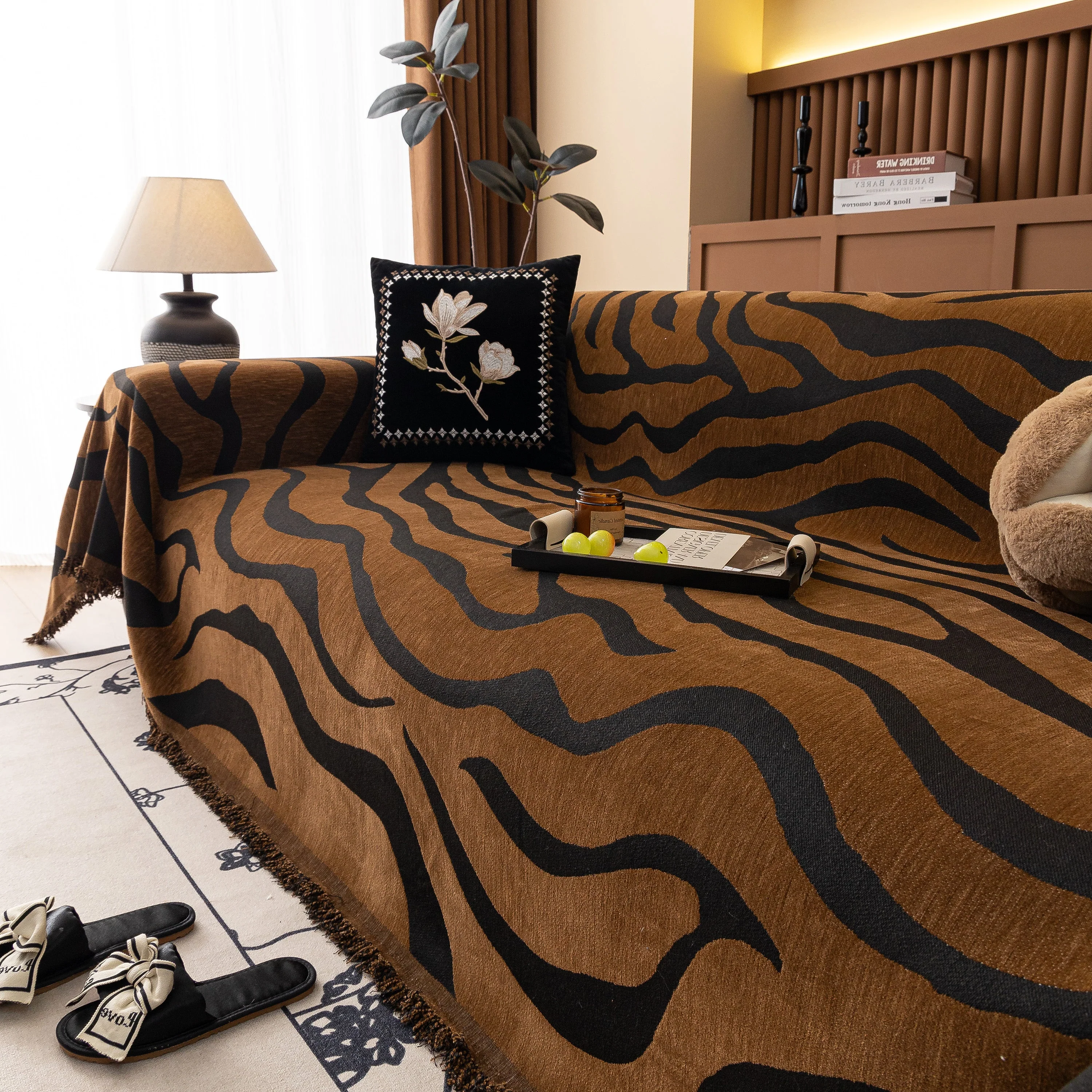 Zebra Striped Chenille Throw Sofa Cover Full-Cover Decorative Furniture Slipcover - Image 113