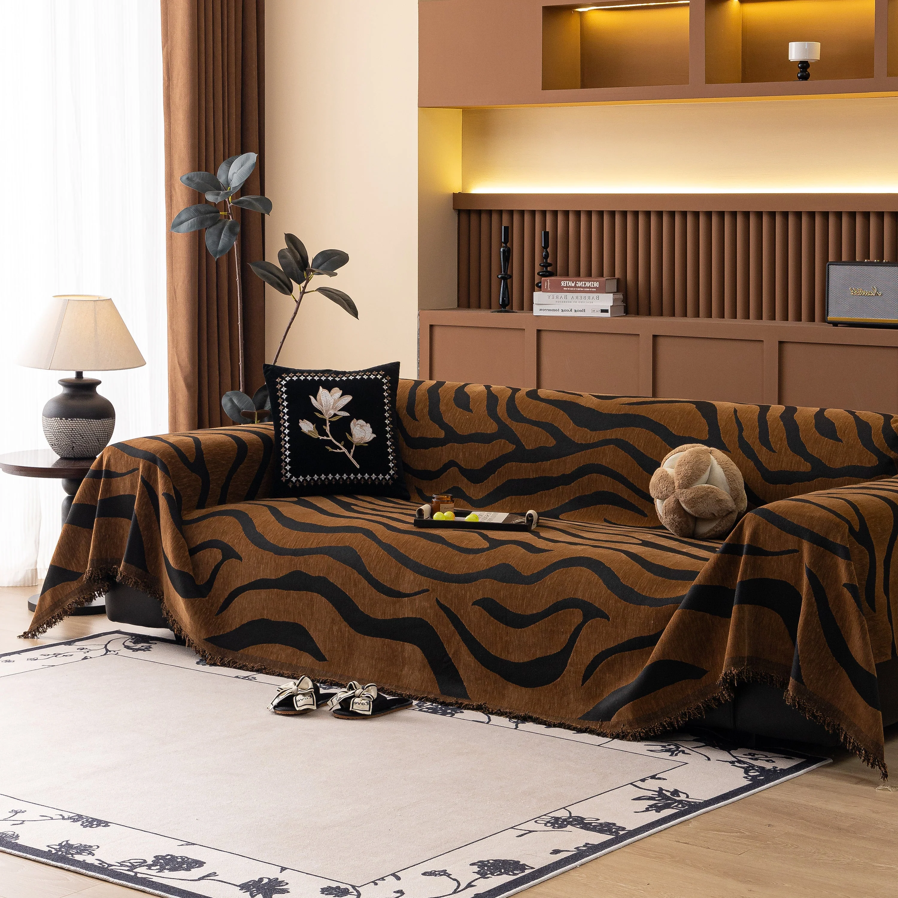 Zebra Striped Chenille Throw Sofa Cover Full-Cover Decorative Furniture Slipcover - Image 115