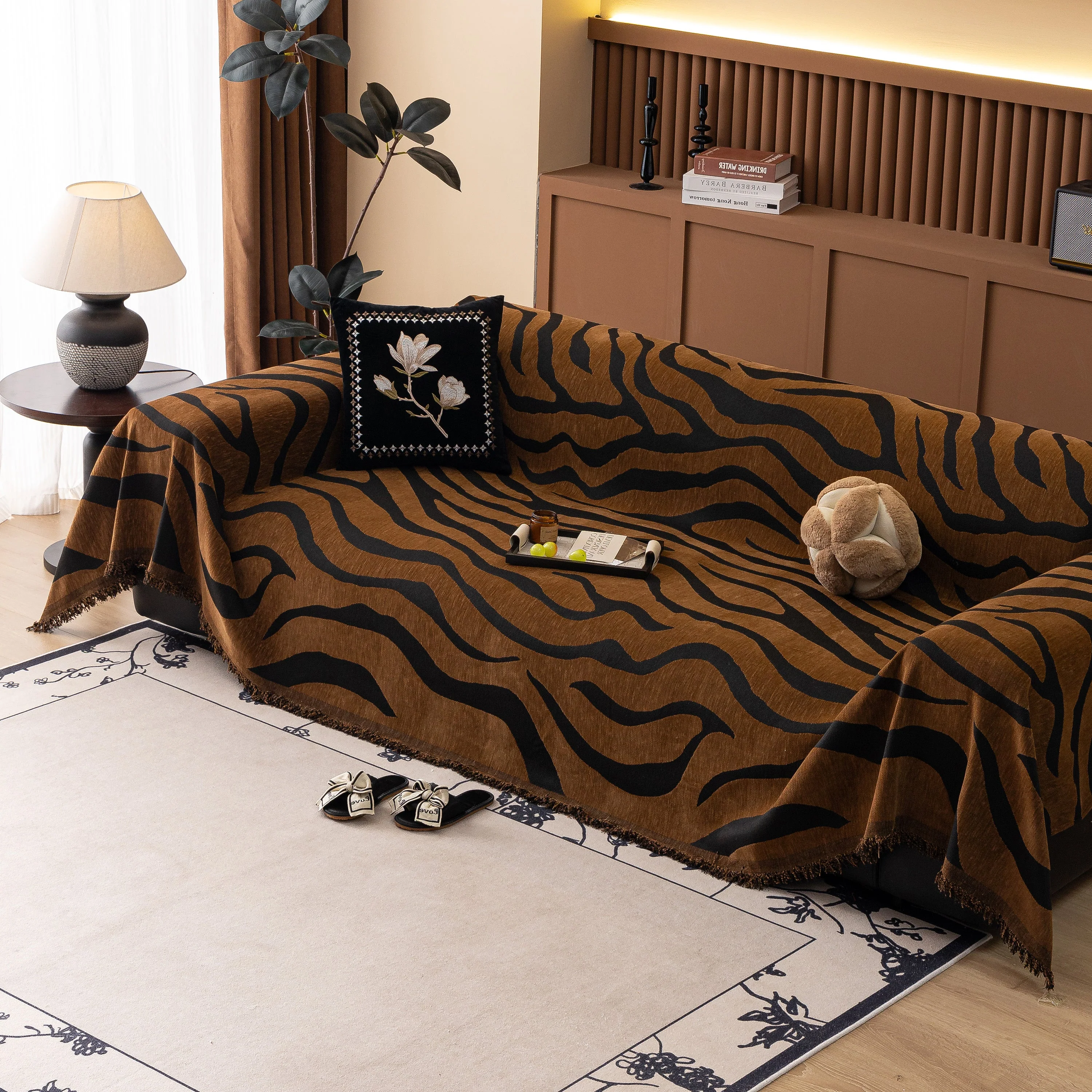 Zebra Striped Chenille Throw Sofa Cover Full-Cover Decorative Furniture Slipcover - Image 116