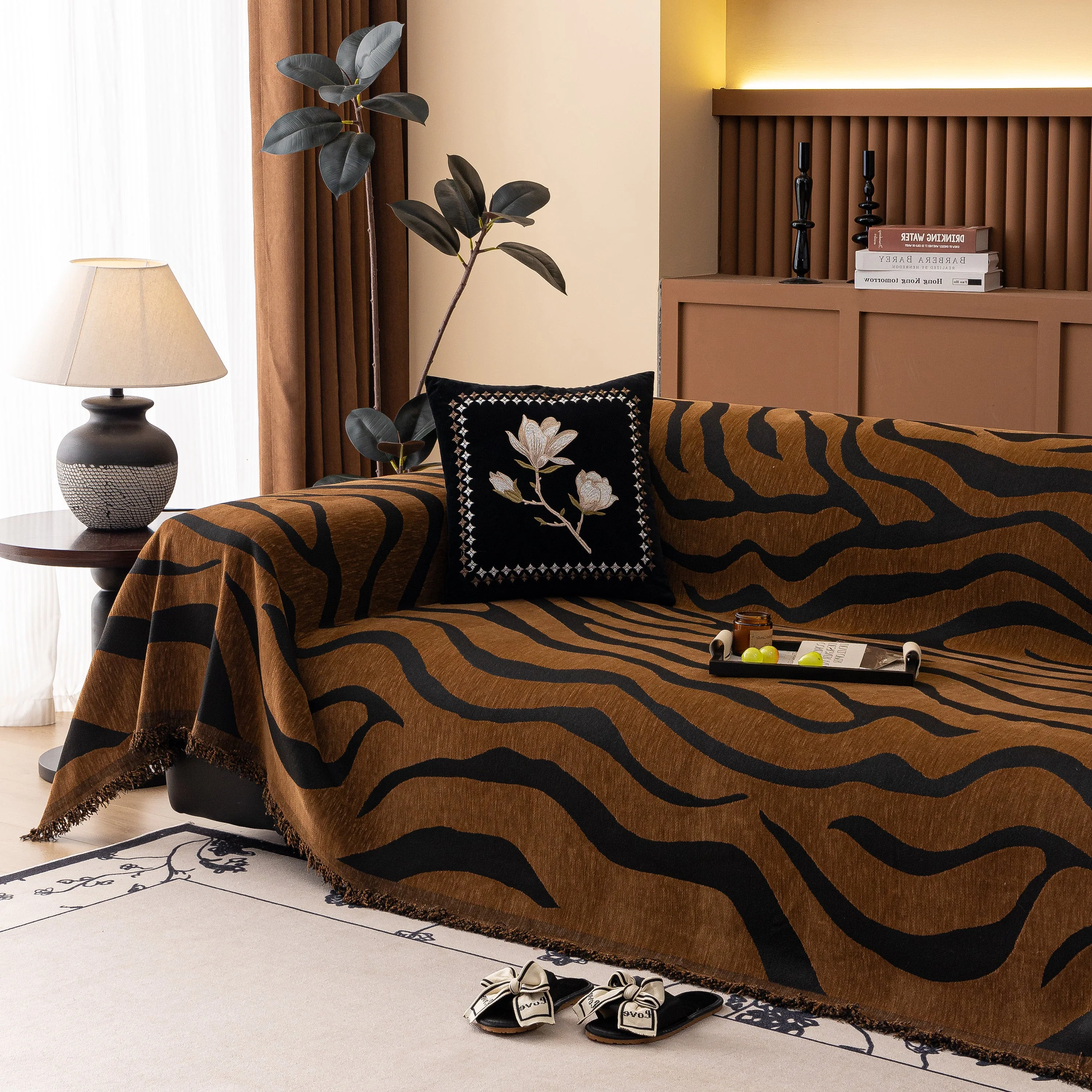 Zebra Striped Chenille Throw Sofa Cover Full-Cover Decorative Furniture Slipcover - Image 117