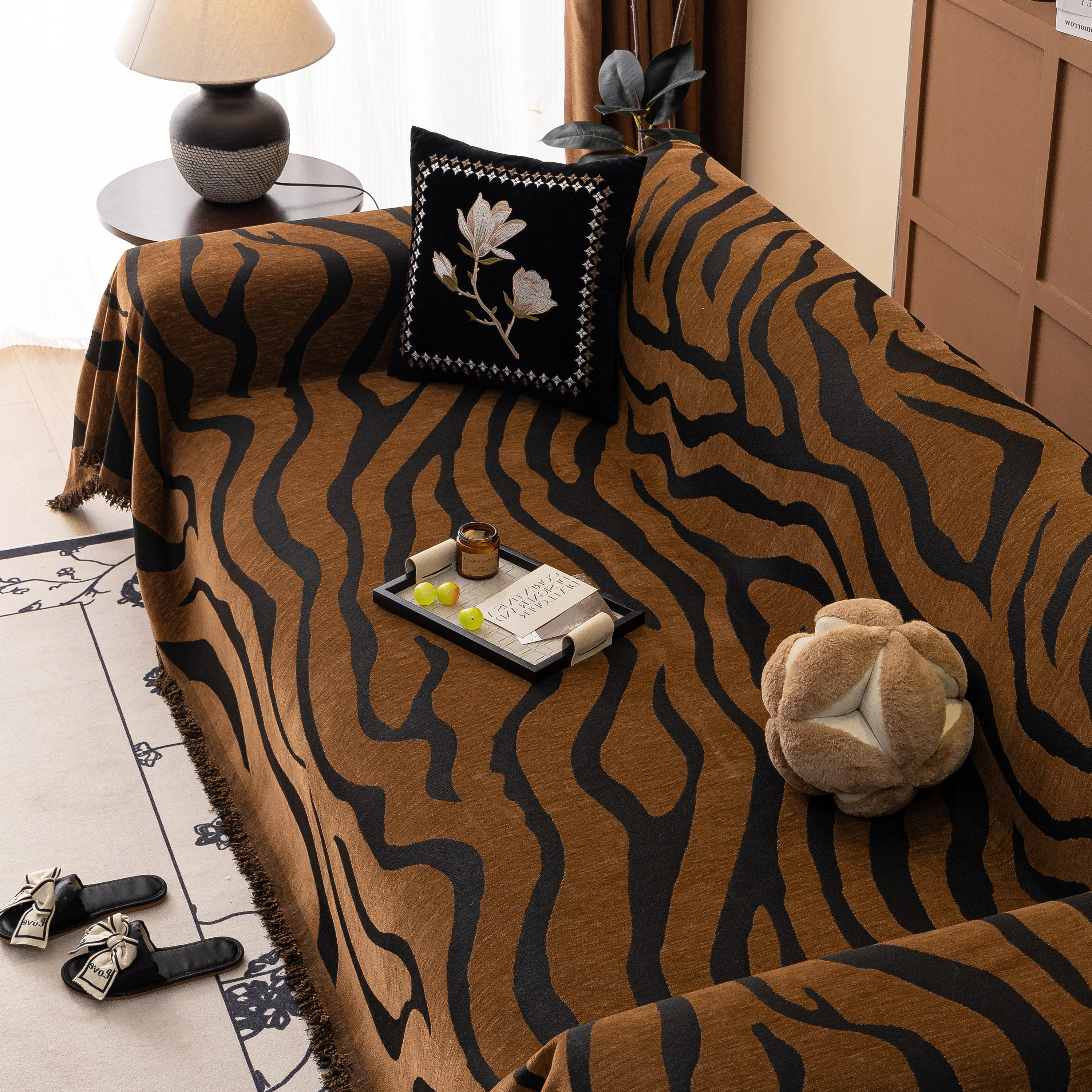 Zebra Striped Chenille Throw Sofa Cover Full-Cover Decorative Furniture Slipcover - Image 119