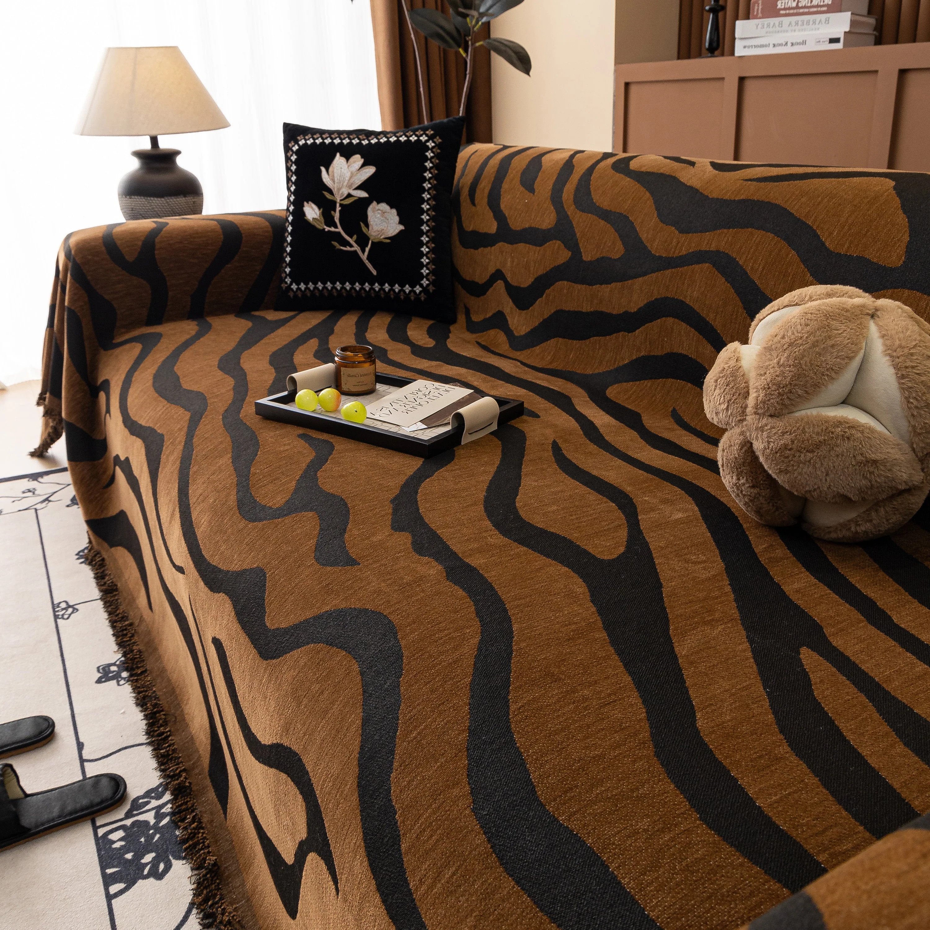 Zebra Striped Chenille Throw Sofa Cover Full-Cover Decorative Furniture Slipcover - Image 120