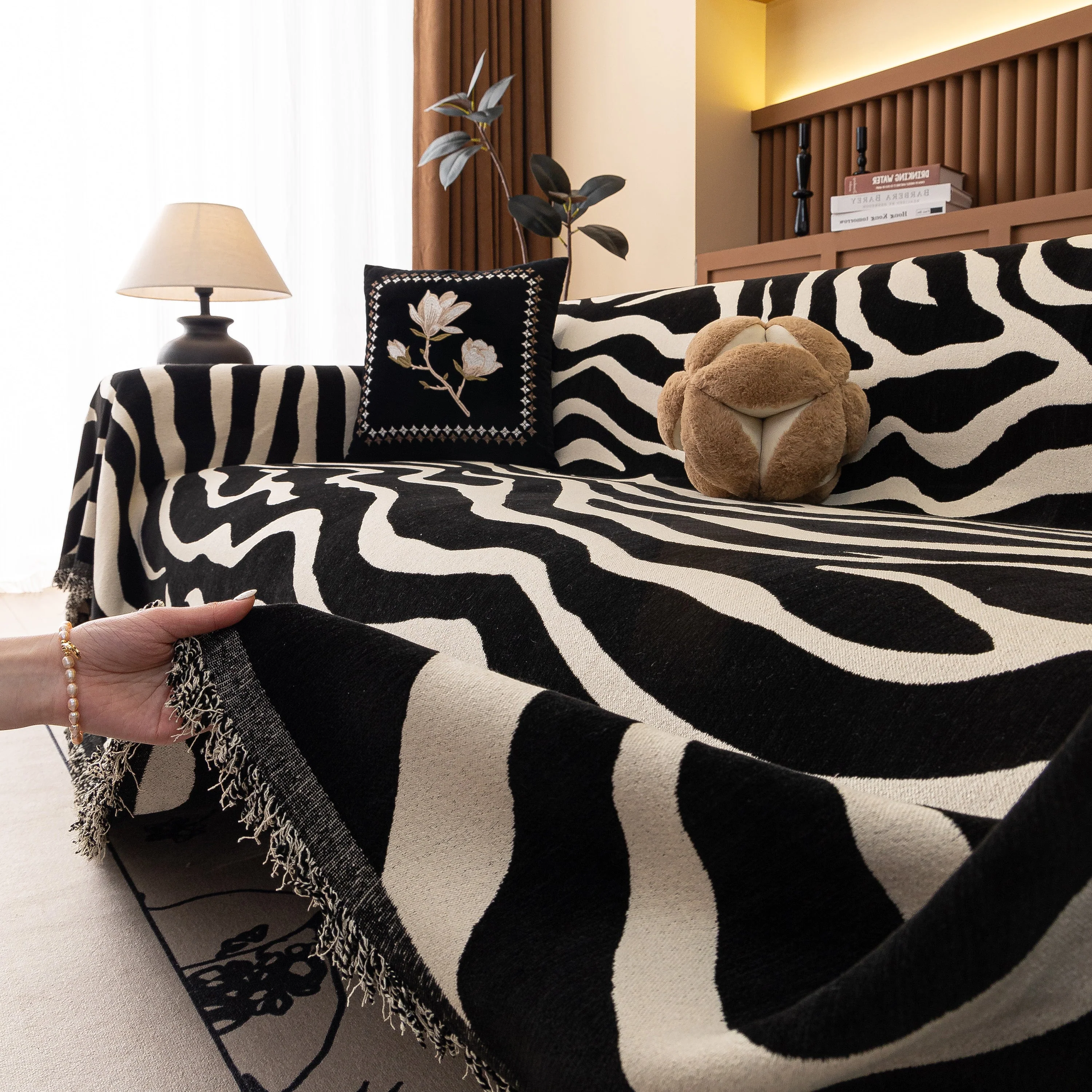 Zebra Striped Chenille Throw Sofa Cover Full-Cover Decorative Furniture Slipcover - Image 127