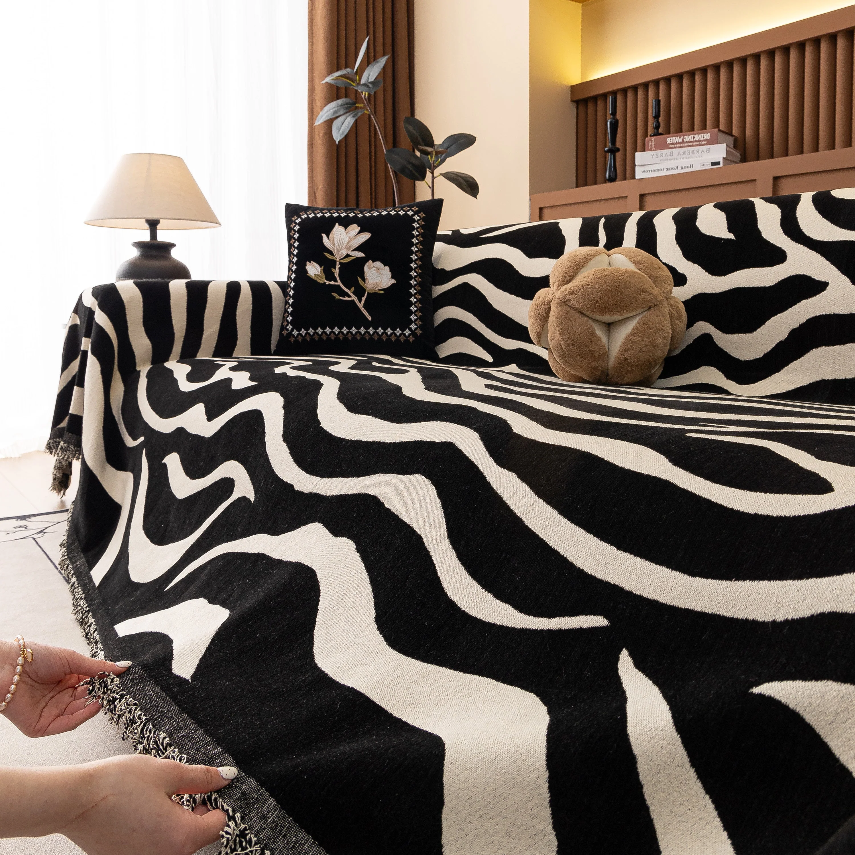 Zebra Striped Chenille Throw Sofa Cover Full-Cover Decorative Furniture Slipcover - Image 128