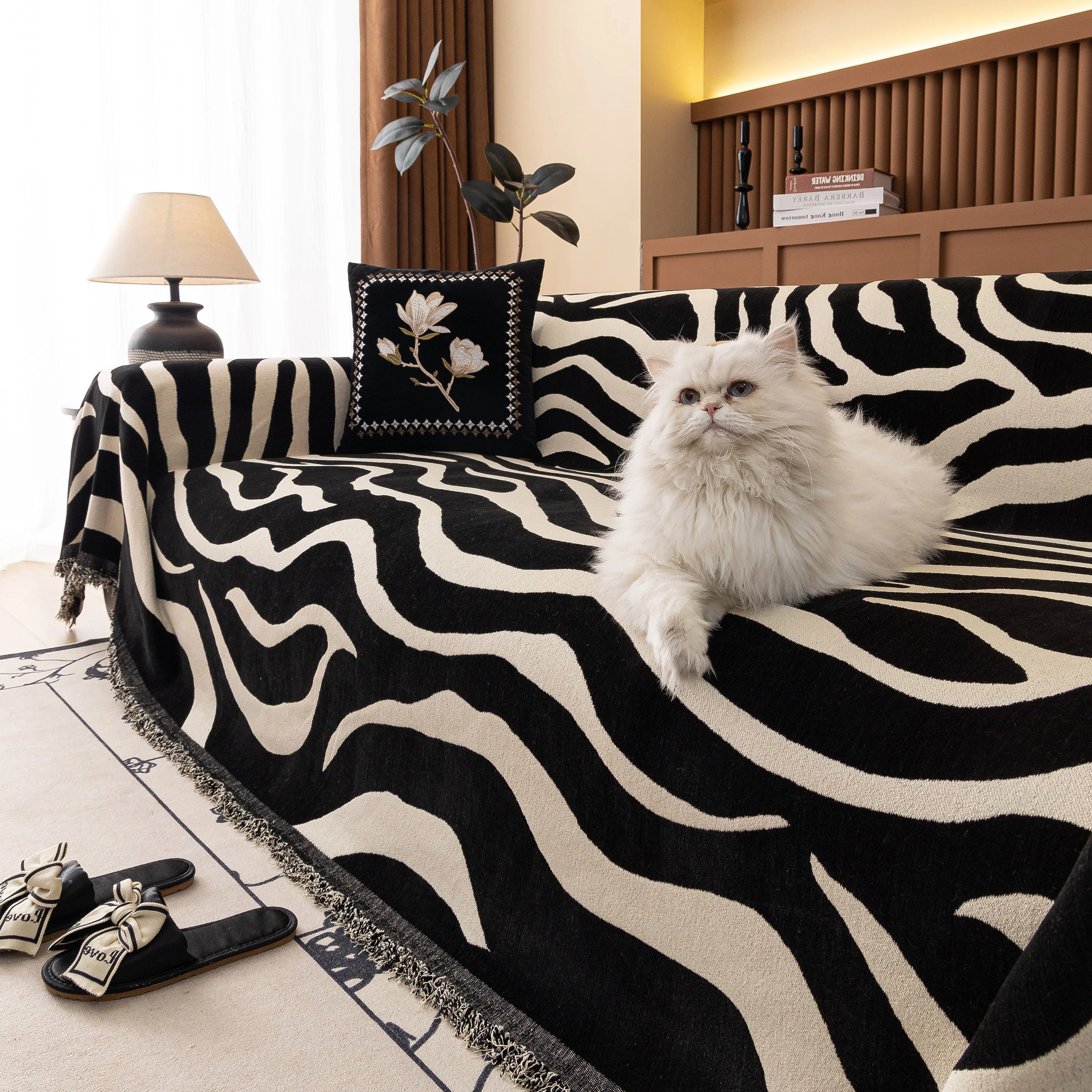 Zebra Striped Chenille Throw Sofa Cover Full-Cover Decorative Furniture Slipcover - Image 129