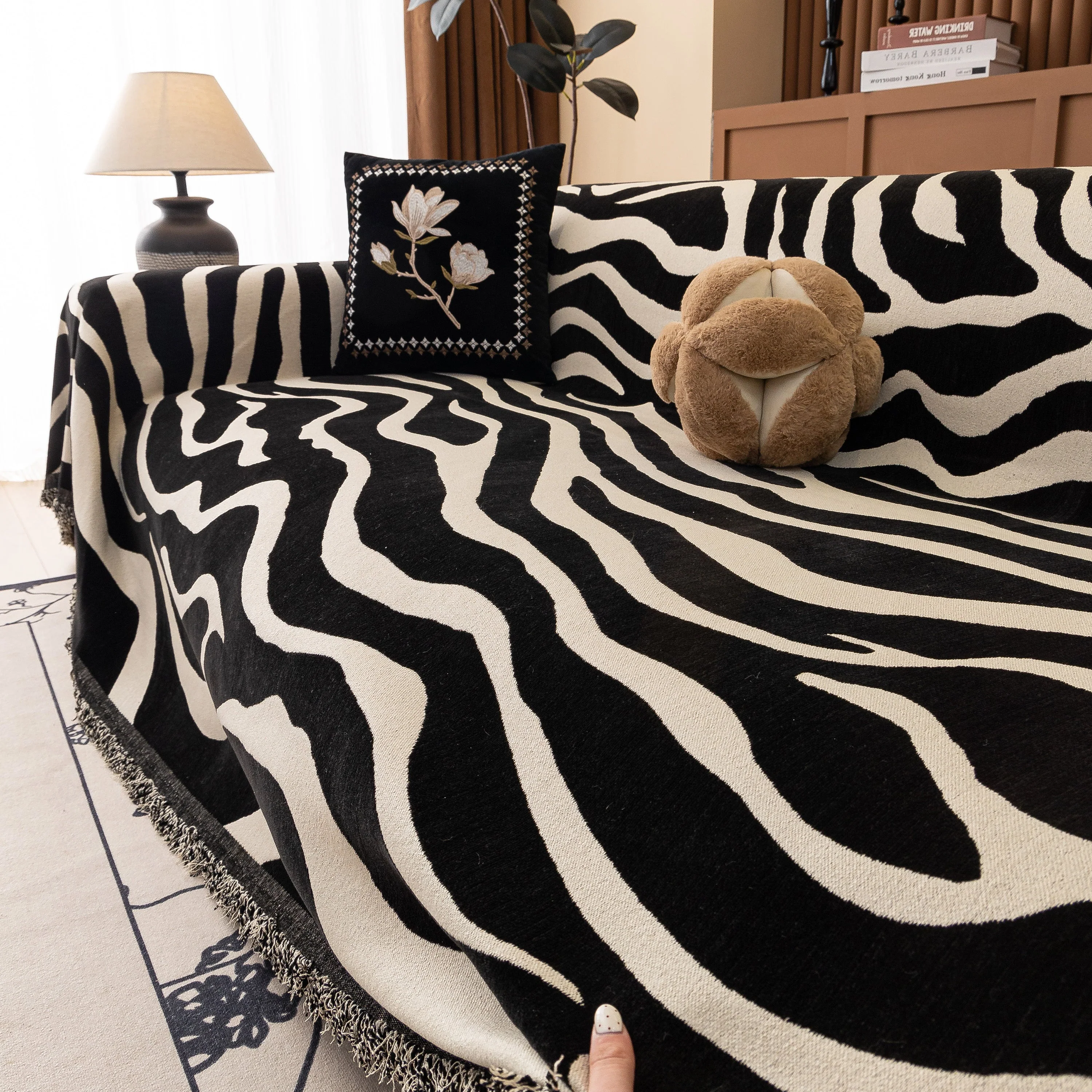 Zebra Striped Chenille Throw Sofa Cover Full-Cover Decorative Furniture Slipcover - Image 130