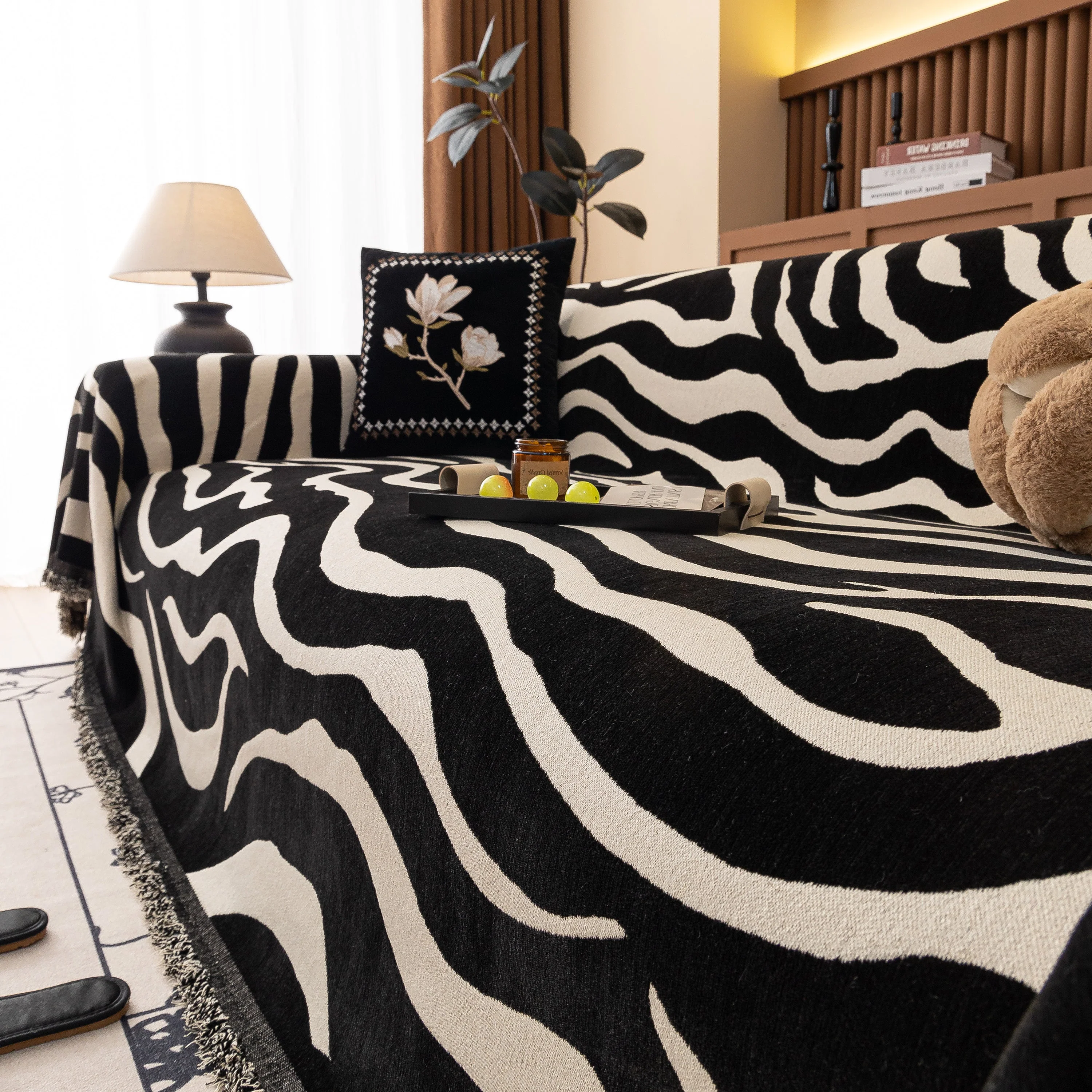 Zebra Striped Chenille Throw Sofa Cover Full-Cover Decorative Furniture Slipcover - Image 137