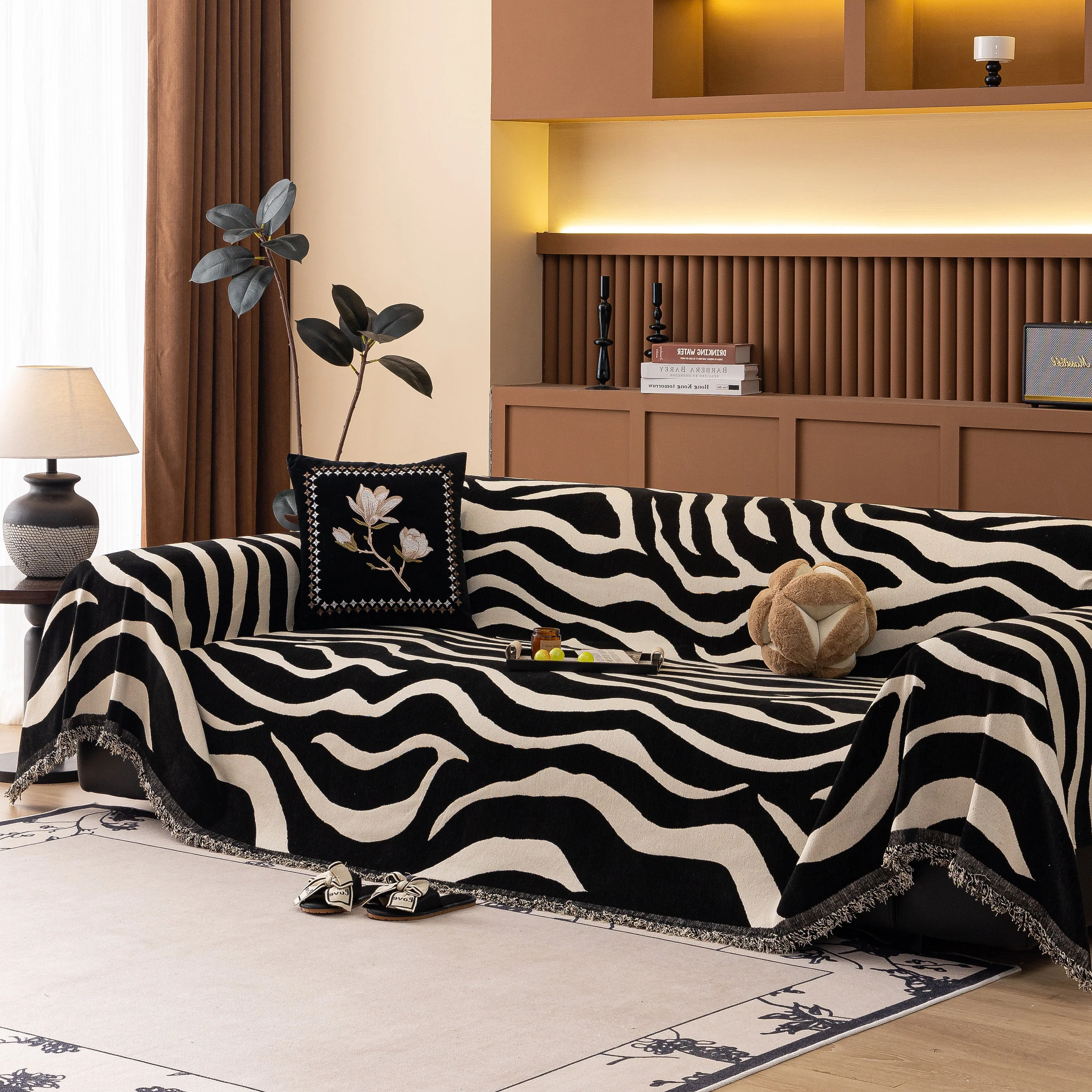 Zebra Striped Chenille Throw Sofa Cover Full-Cover Decorative Furniture Slipcover - Image 140