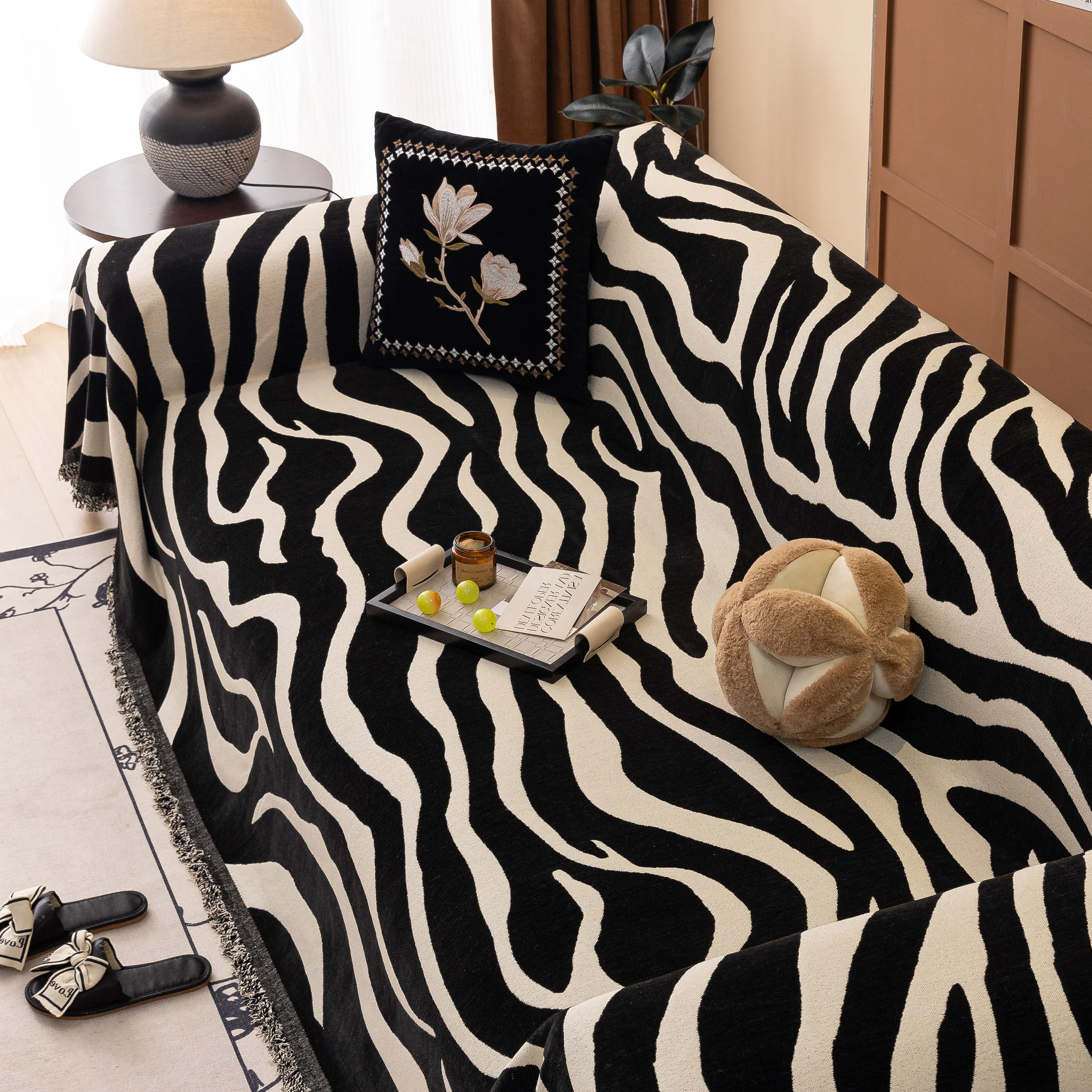 Zebra Striped Chenille Throw Sofa Cover Full-Cover Decorative Furniture Slipcover - Image 143