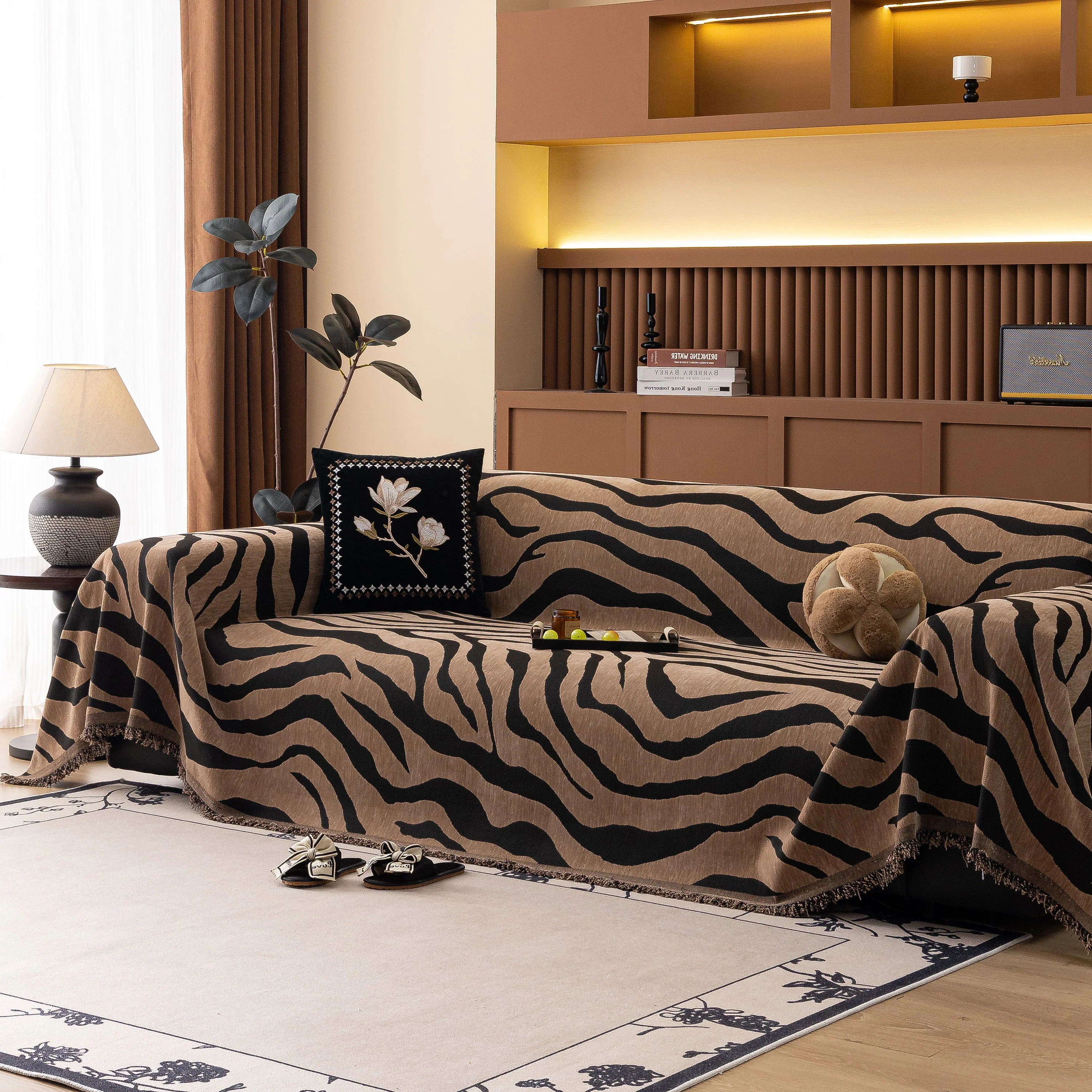 Zebra Striped Chenille Throw Sofa Cover Full-Cover Decorative Furniture Slipcover - Image 24