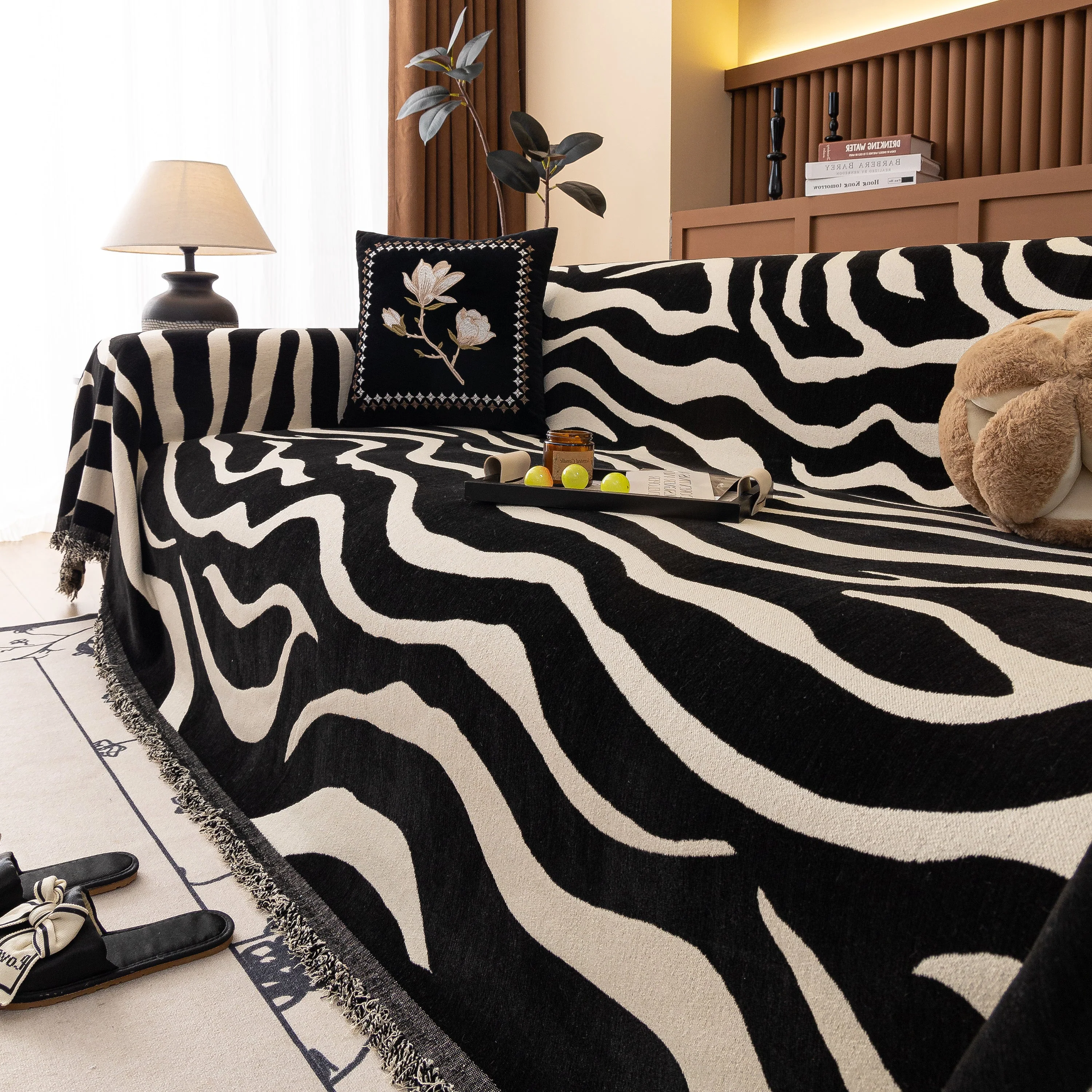 Zebra Striped Chenille Throw Sofa Cover Full-Cover Decorative Furniture Slipcover - Image 25