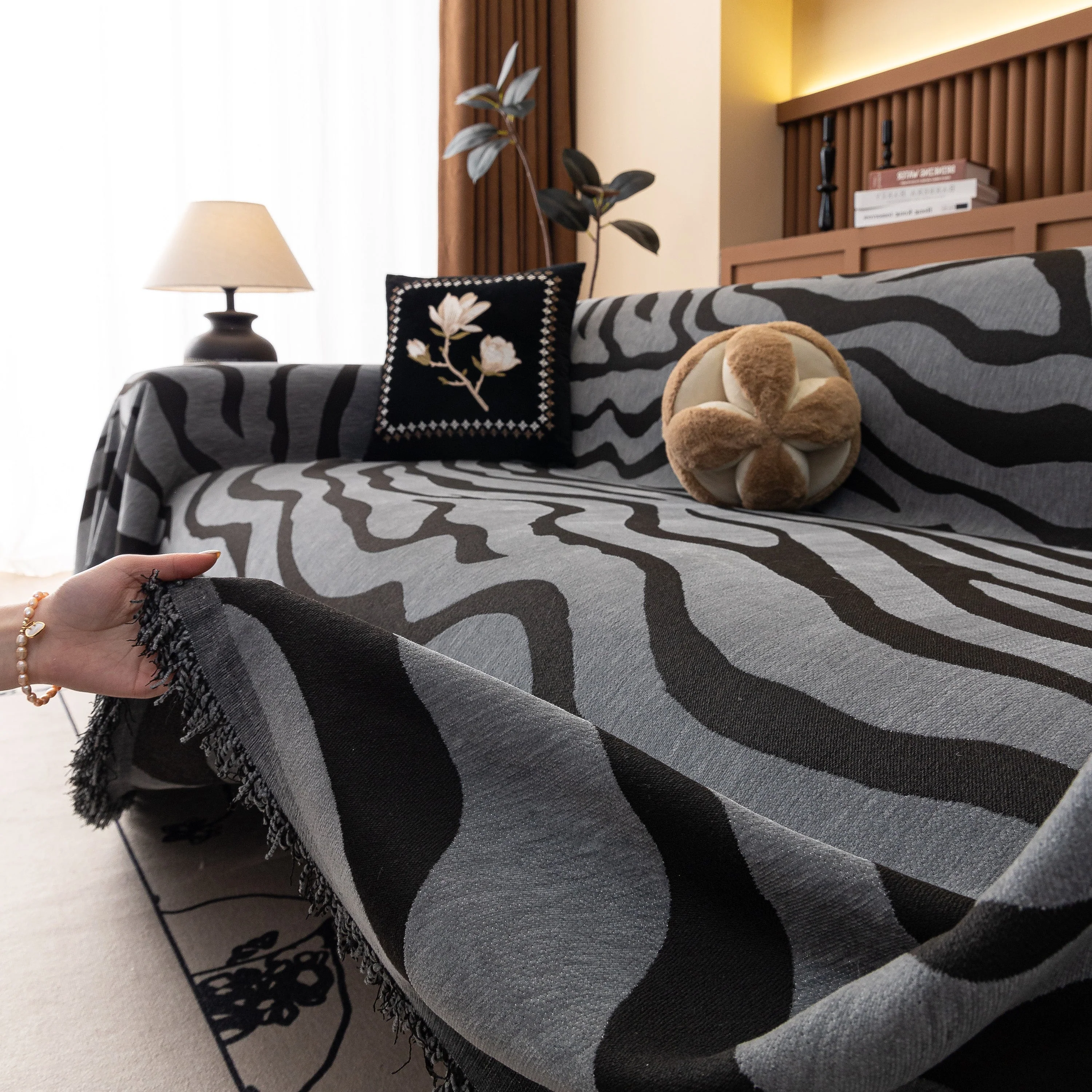 Zebra Striped Chenille Throw Sofa Cover Full-Cover Decorative Furniture Slipcover - Image 36