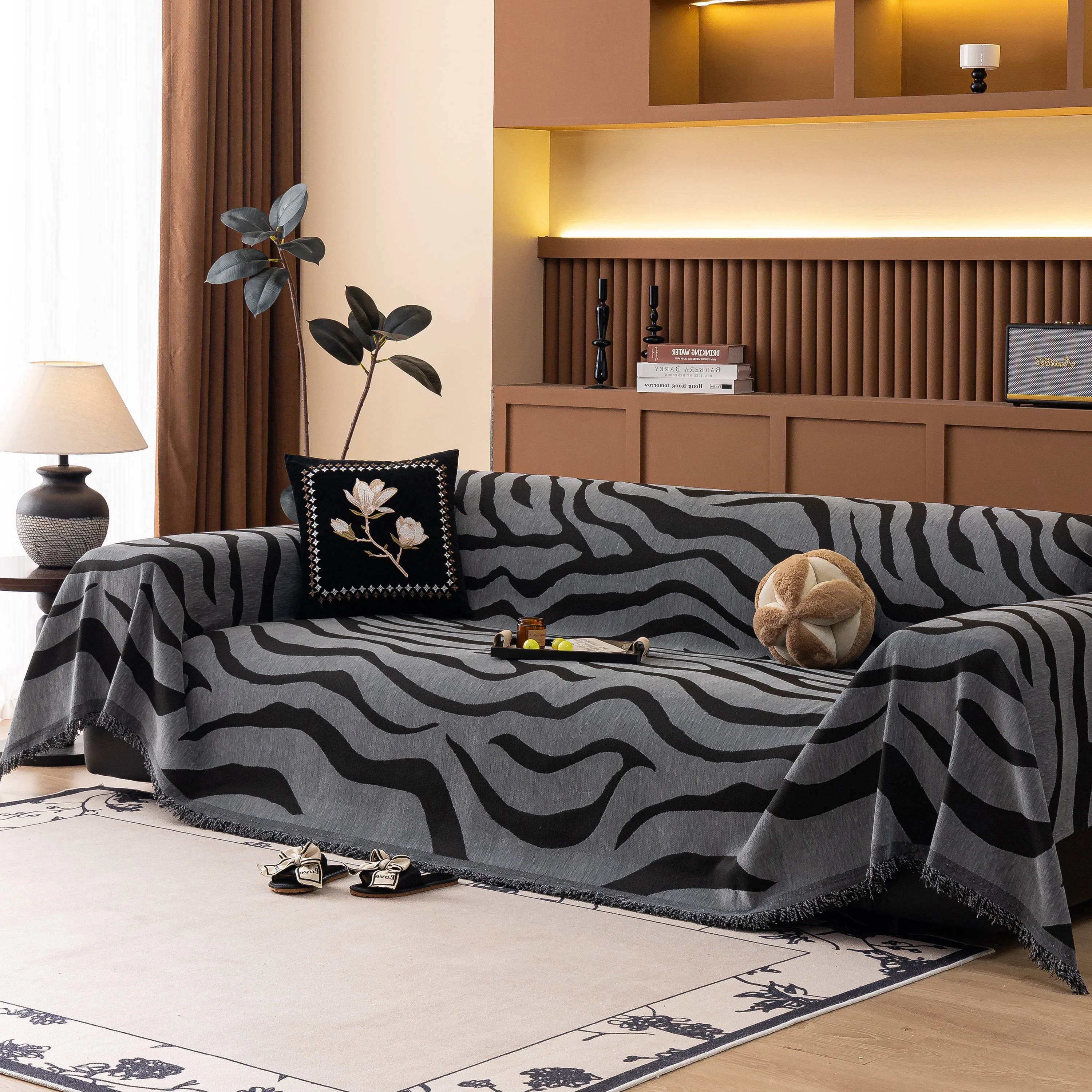 Zebra Striped Chenille Throw Sofa Cover Full-Cover Decorative Furniture Slipcover - Image 45
