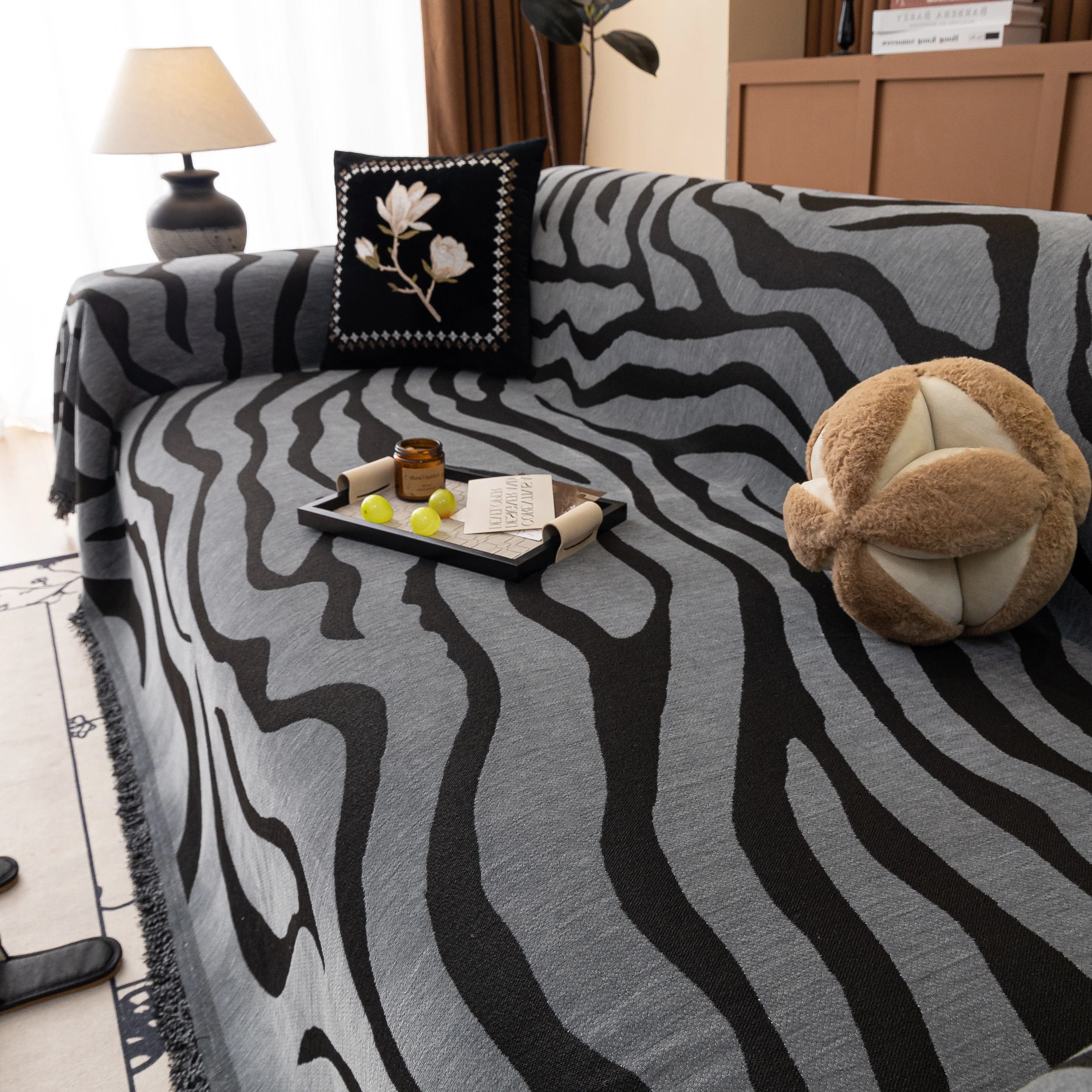 Zebra Striped Chenille Throw Sofa Cover Full-Cover Decorative Furniture Slipcover - Image 47