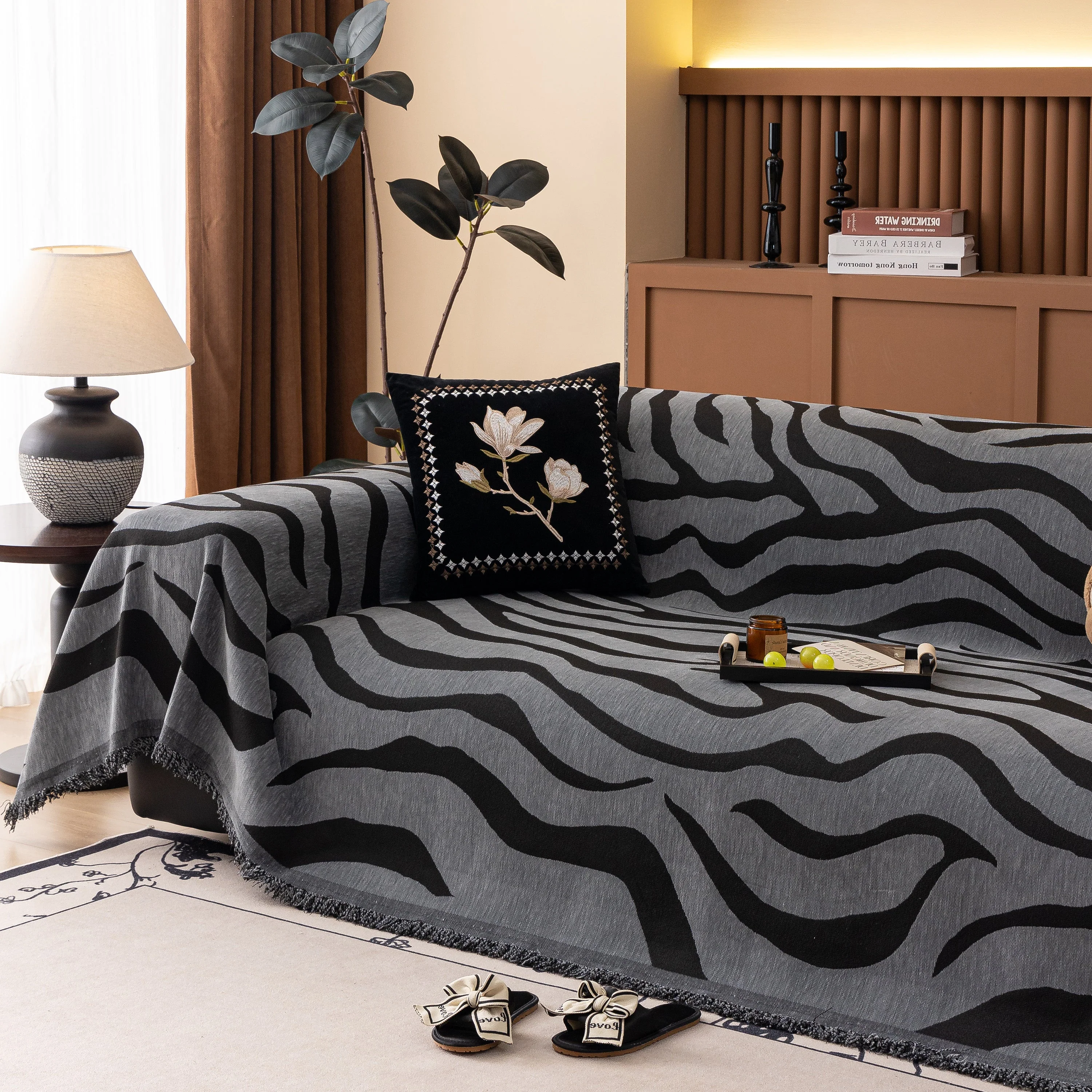 Zebra Striped Chenille Throw Sofa Cover Full-Cover Decorative Furniture Slipcover - Image 48