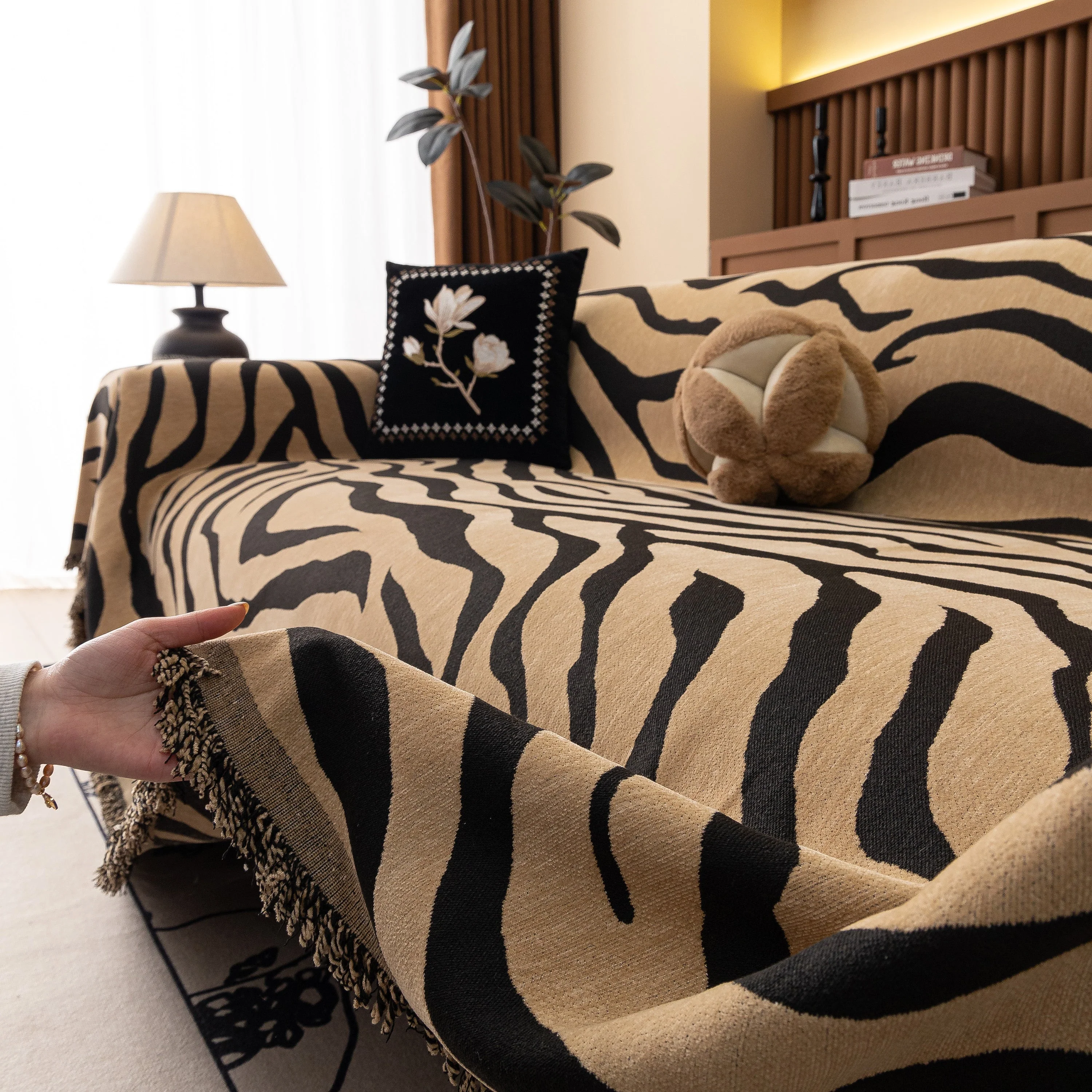 Zebra Striped Chenille Throw Sofa Cover Full-Cover Decorative Furniture Slipcover - Image 54