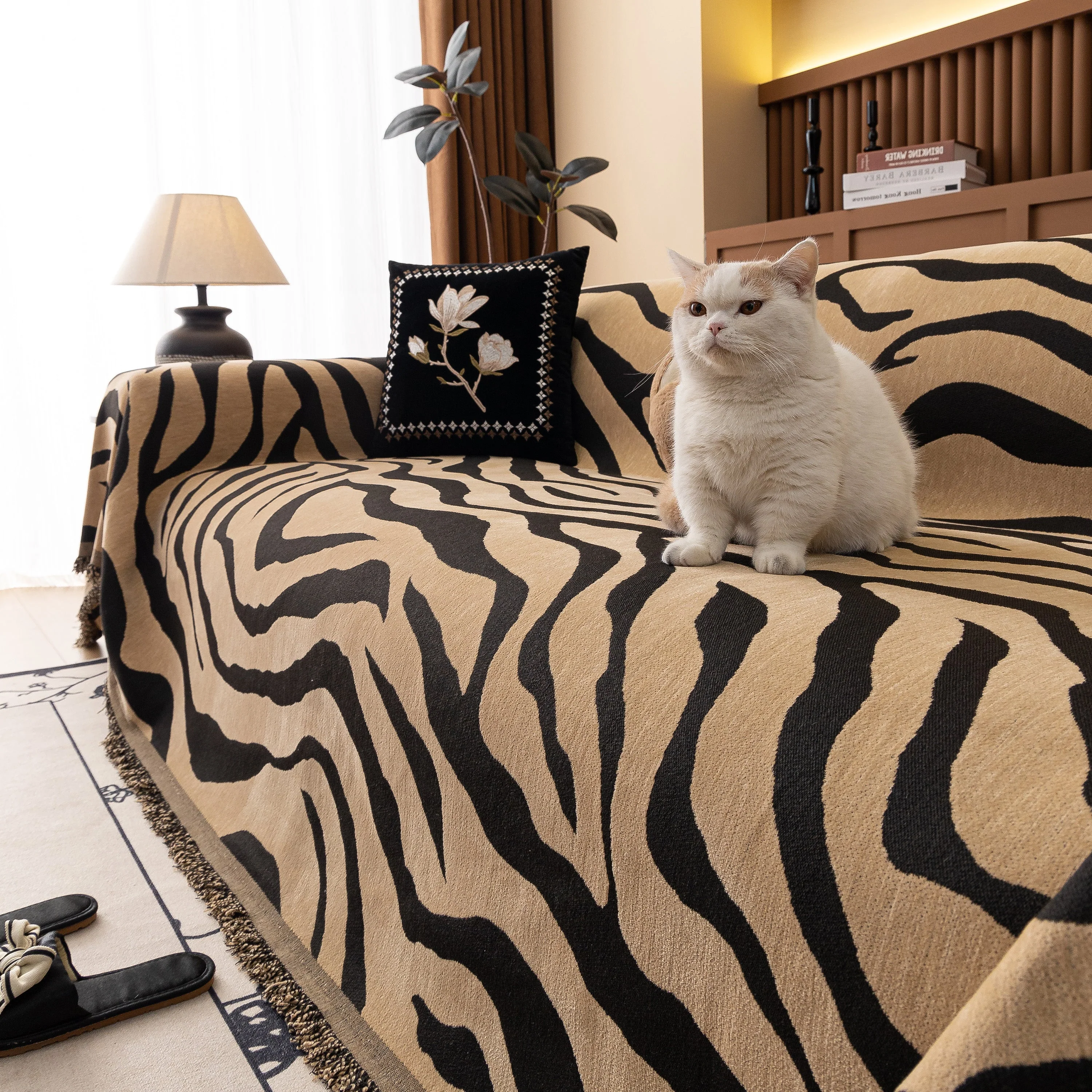 Zebra Striped Chenille Throw Sofa Cover Full-Cover Decorative Furniture Slipcover - Image 57