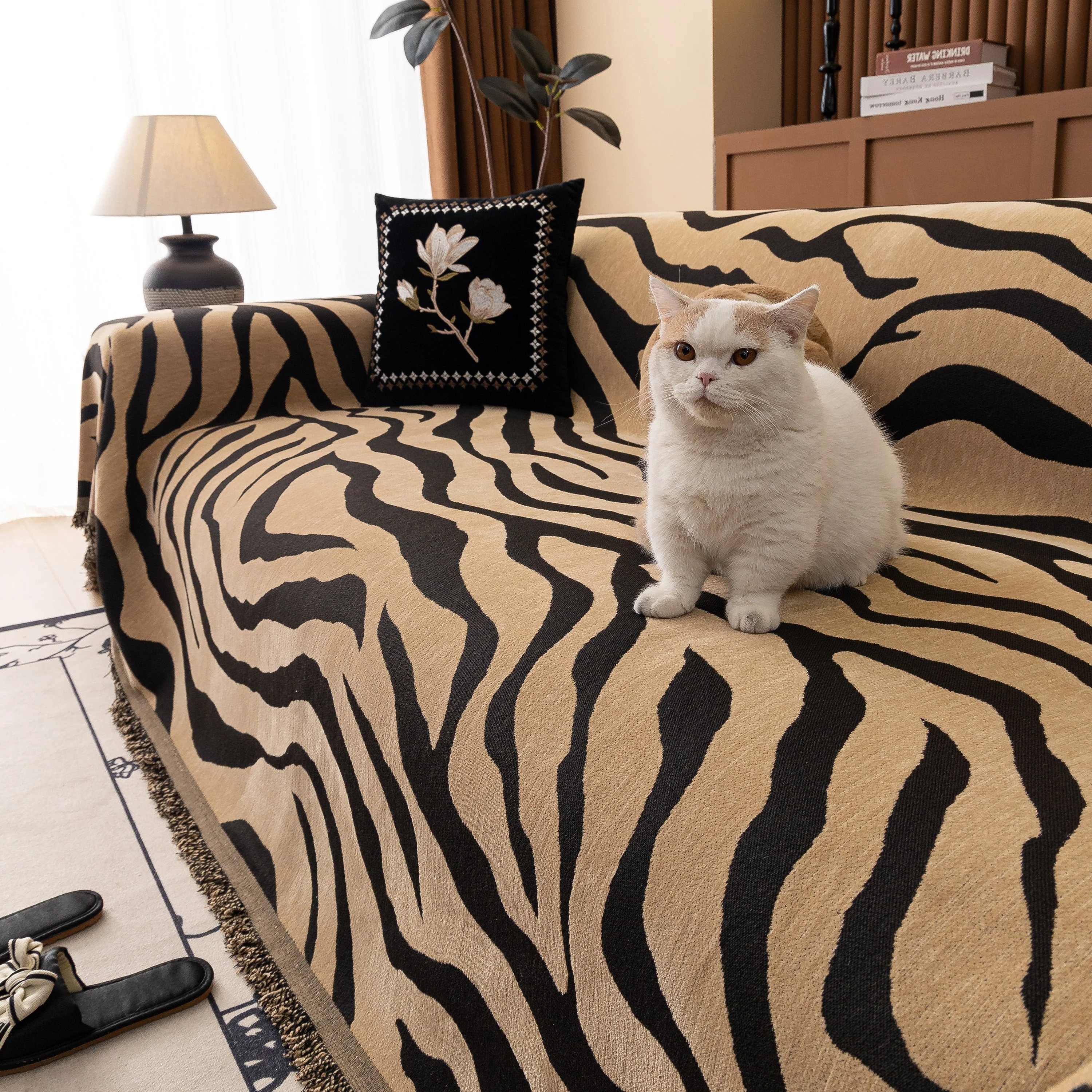 Zebra Striped Chenille Throw Sofa Cover Full-Cover Decorative Furniture Slipcover - Image 59