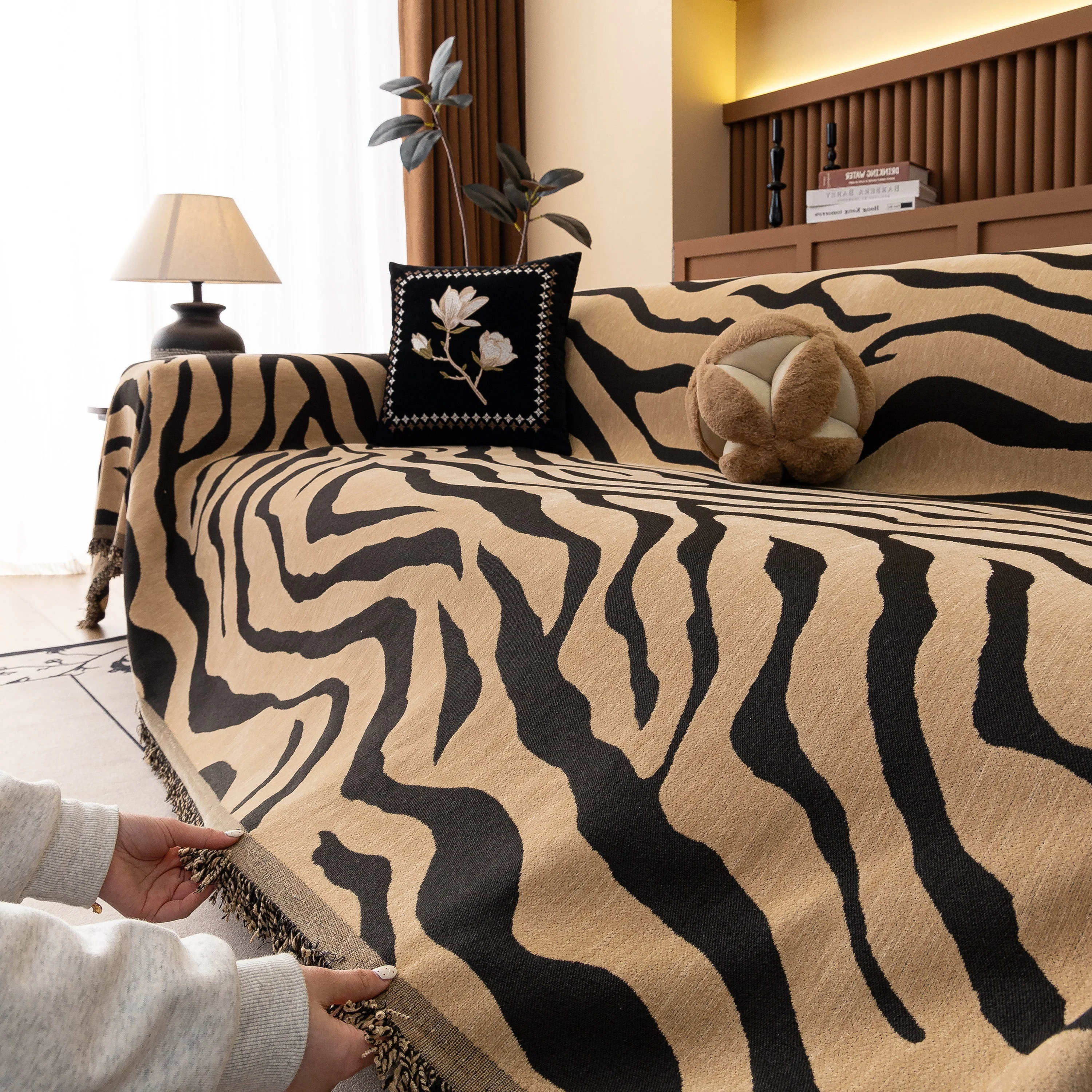 Zebra Striped Chenille Throw Sofa Cover Full-Cover Decorative Furniture Slipcover - Image 60