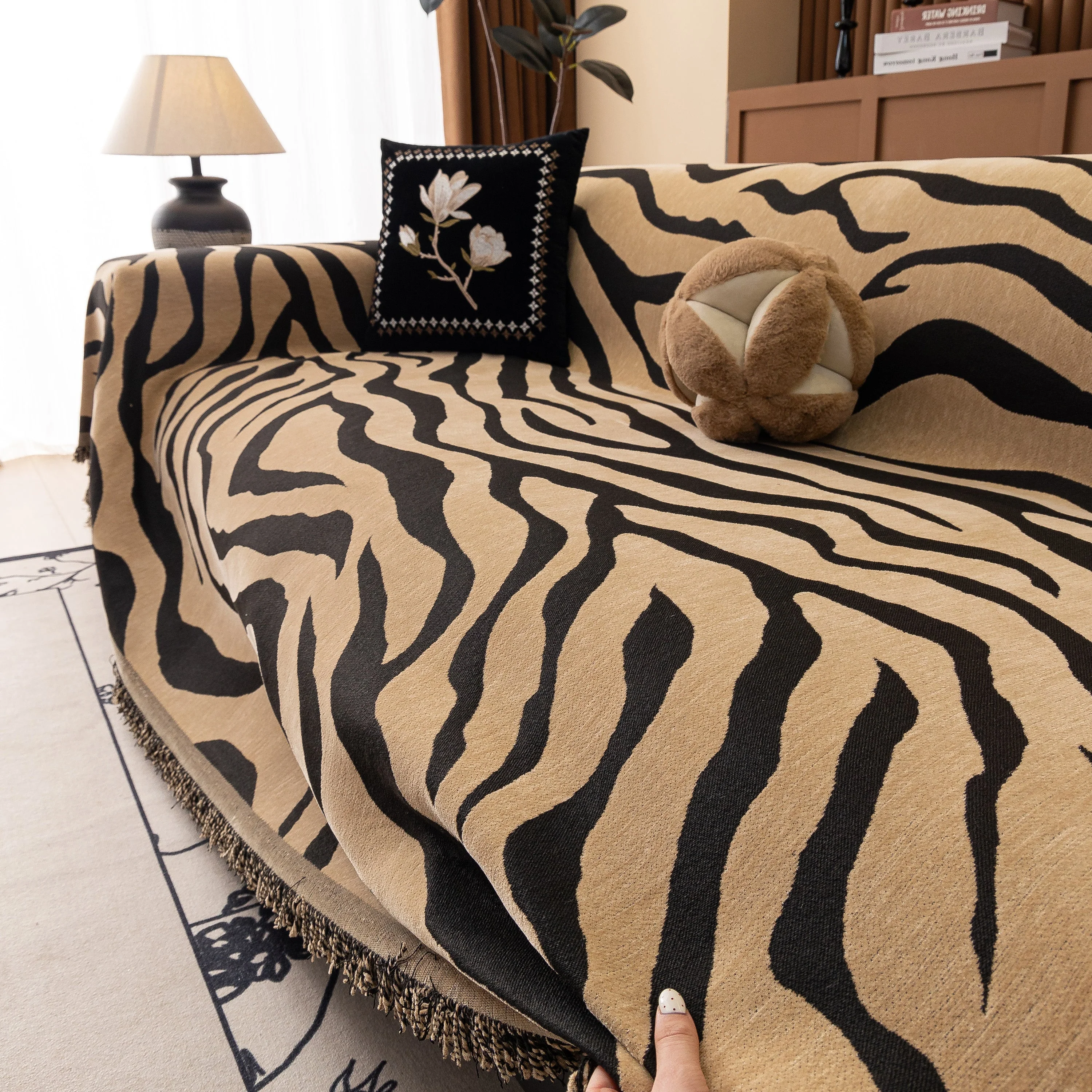 Zebra Striped Chenille Throw Sofa Cover Full-Cover Decorative Furniture Slipcover - Image 61