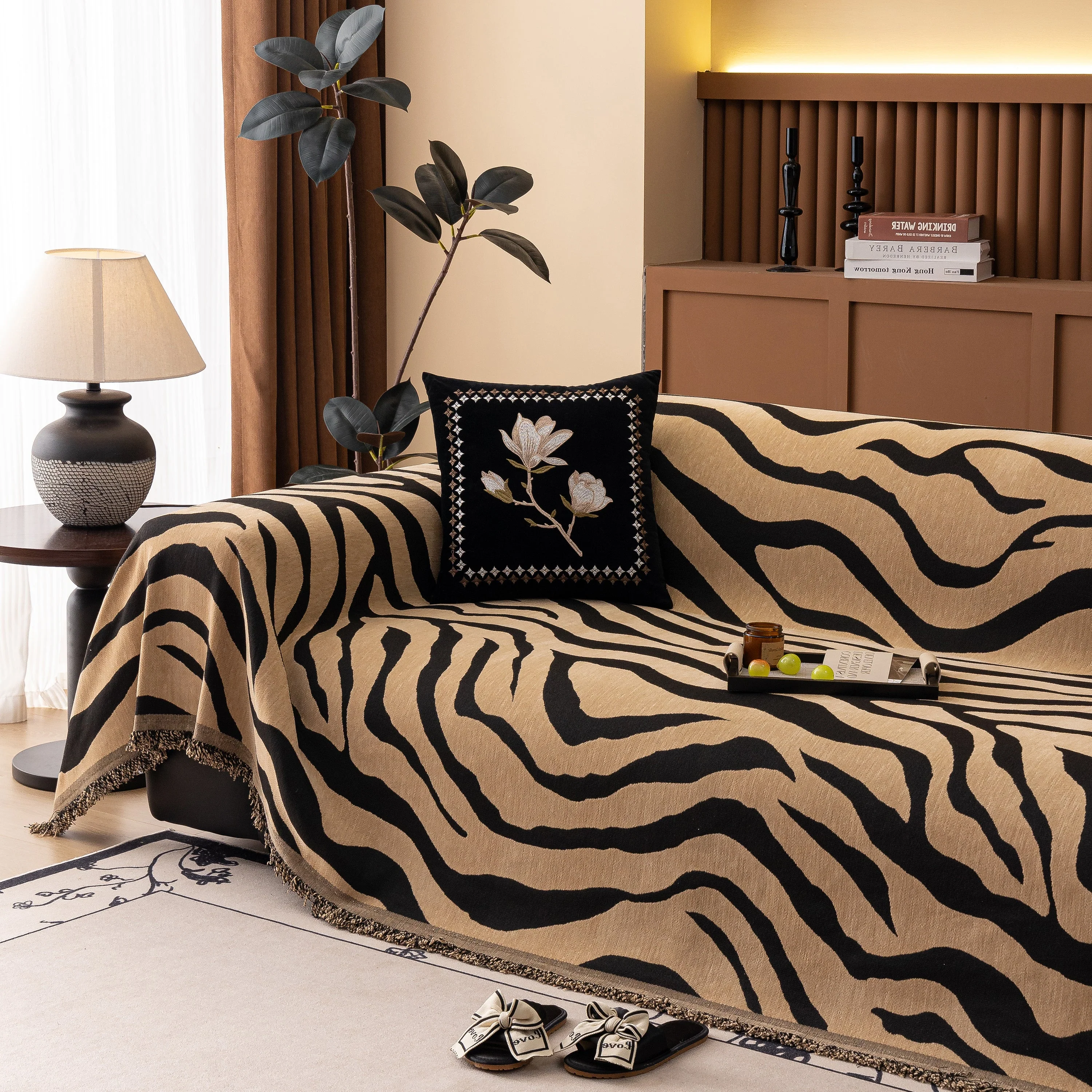 Zebra Striped Chenille Throw Sofa Cover Full-Cover Decorative Furniture Slipcover - Image 64