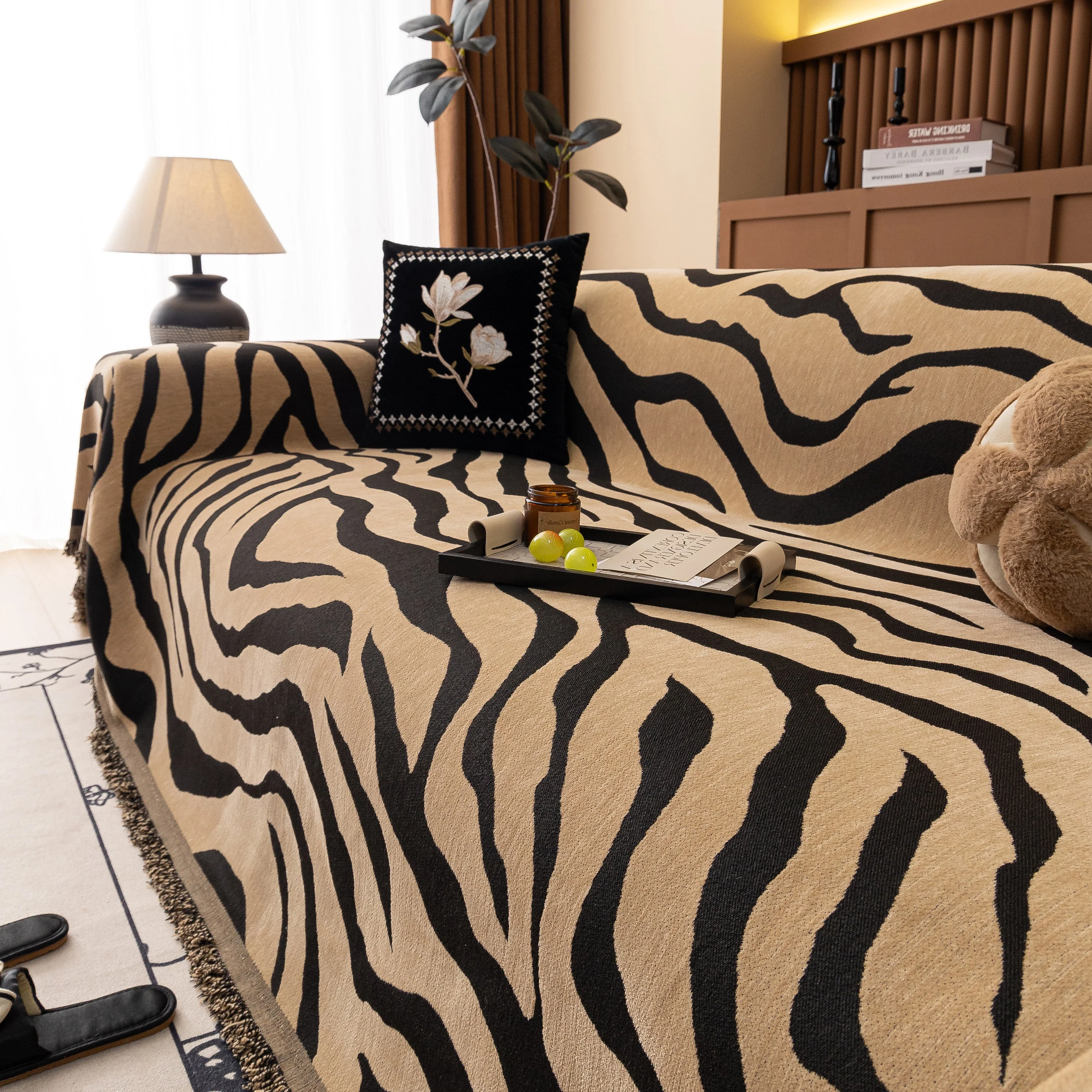 Zebra Striped Chenille Throw Sofa Cover Full-Cover Decorative Furniture Slipcover - Image 65